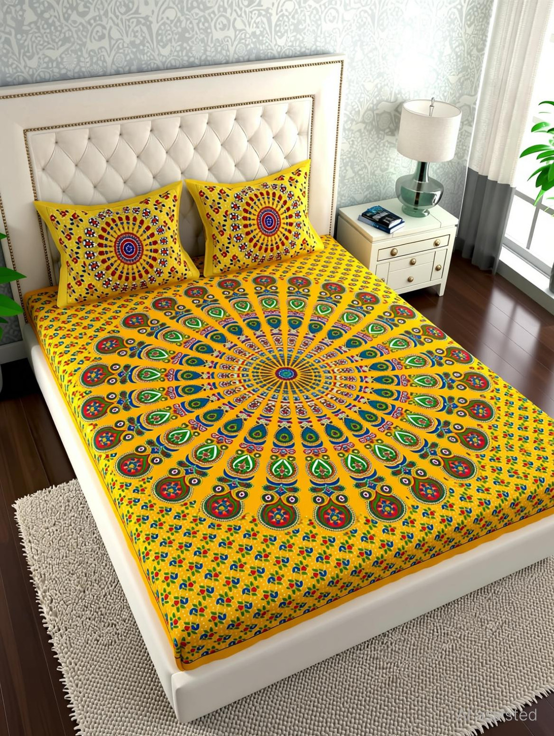 Image of Cosito Cotton Double Flat 144 TC Jaipuri Prints 1 Bedsheet with 2 Pillow Covers (Red)