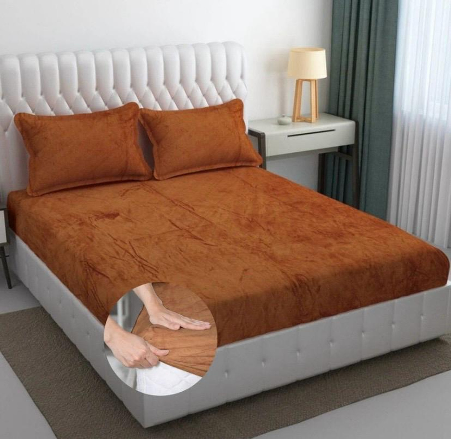 Image of Home Sazawat Fleece King Fitted (Elastic) 250 TC Solid 1 Bedsheet with 2 Pillow Covers (Coffee)