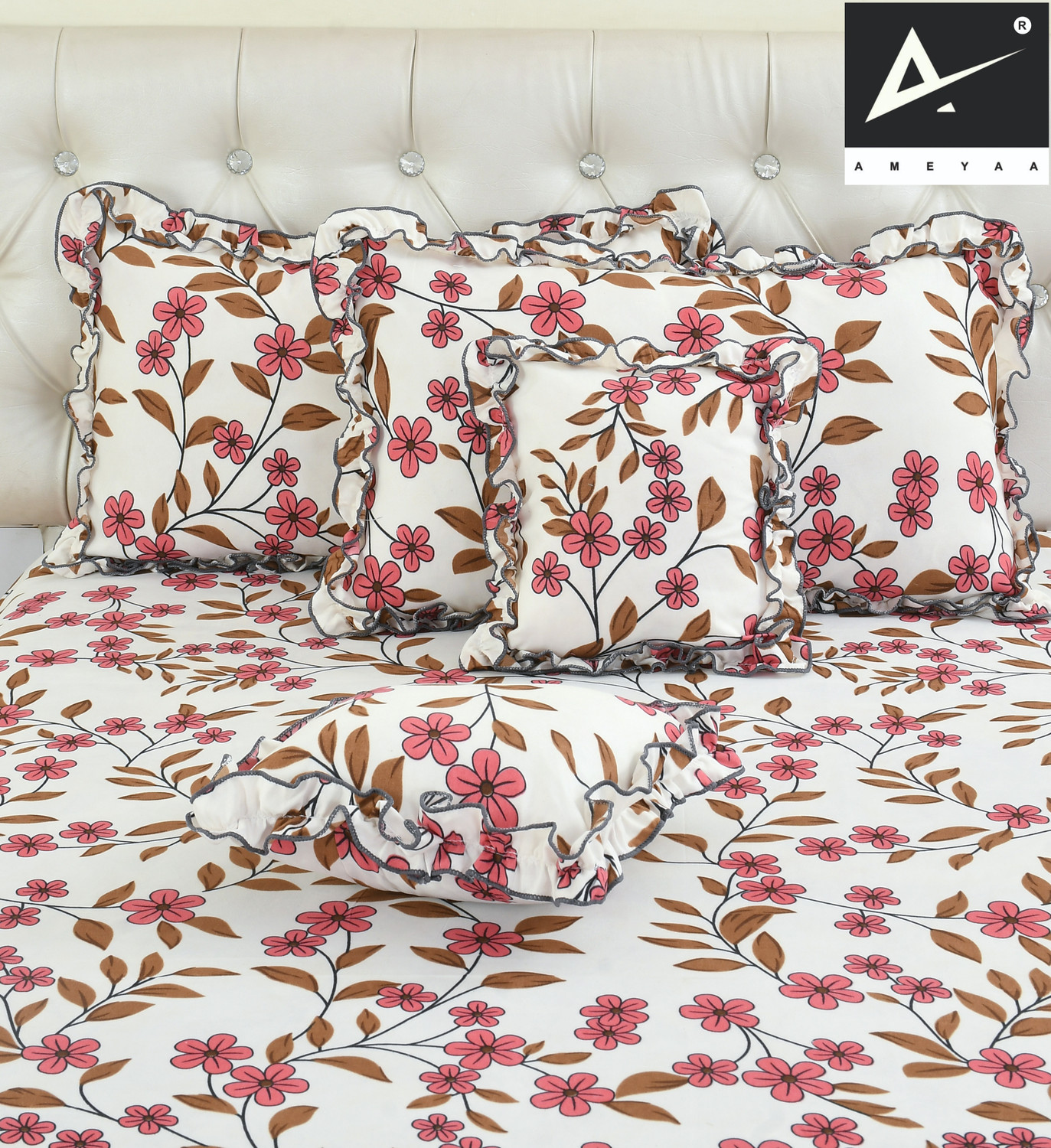 Image of HIYANSHI HOME FURNISHING Cotton King Fitted (Elastic) 250 TC Floral 1 Bedsheet with 2 Pillow Covers (72''x78'' Inches with 2 Jumbo Pillow Covers 20x30 Inches)
