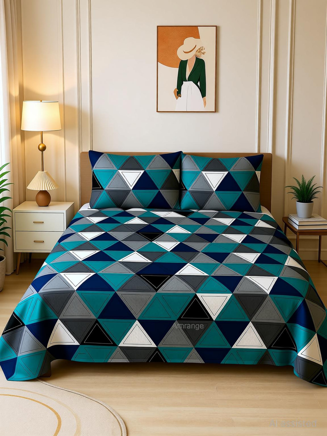 Image of PLANO Cotton Double, King Flat 250 TC Geometric 1 Bedsheet with 2 Cushion Covers (Multicolor)