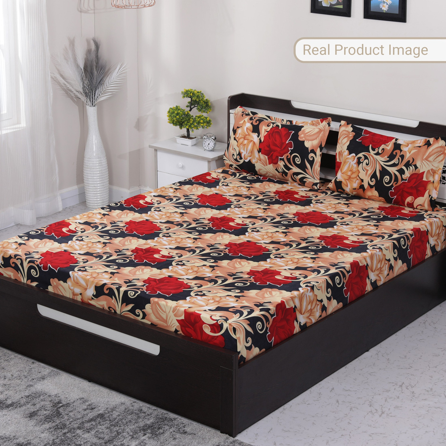 Image of Flipkart SmartBuy Microfiber Double Flat 140 TC Floral 1 Bedsheet with 2 Pillow Covers