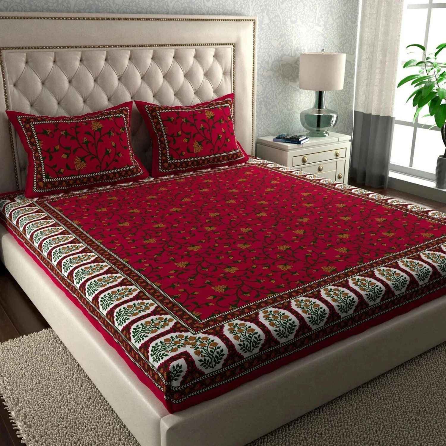 Image of Cosito Cotton Double Flat 144 TC Jaipuri Prints 1 Bedsheet with 2 Pillow Covers (Red)