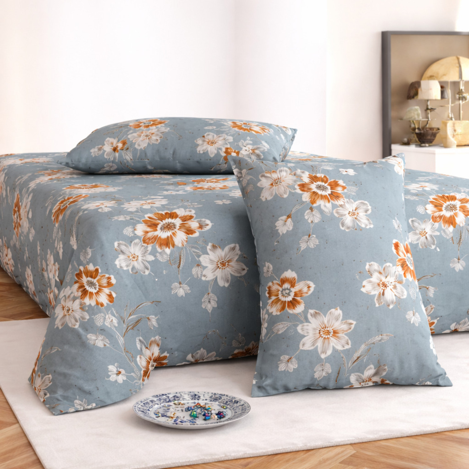 Image of HIYANSHI HOME FURNISHING Cotton King Fitted (Elastic) 250 TC Floral 1 Bedsheet with 2 Pillow Covers (72''x78'' Inches with 2 Jumbo Pillow Covers 20x30 Inches)