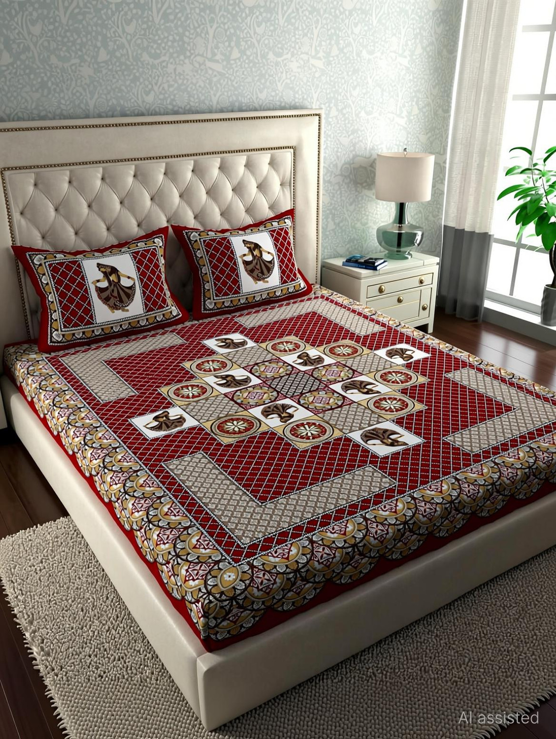 Image of Cosito Cotton Double Flat 144 TC Jaipuri Prints 1 Bedsheet with 2 Pillow Covers (Red)