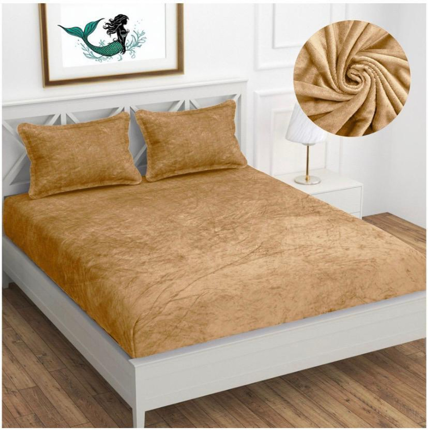 Image of Home Sazawat Fleece King Fitted (Elastic) 250 TC Solid 1 Bedsheet with 2 Pillow Covers (Coffee)