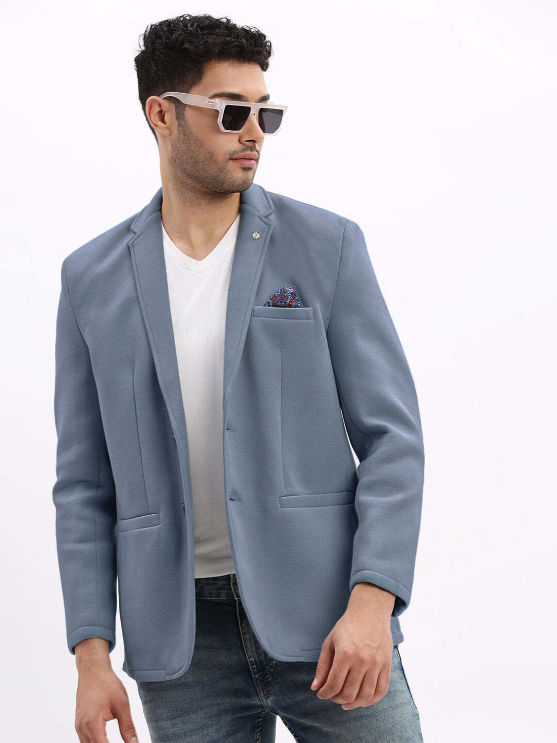 Image of RAJENDERANI Men Solid Single Breasted Formal Blazer (Dark Blue)