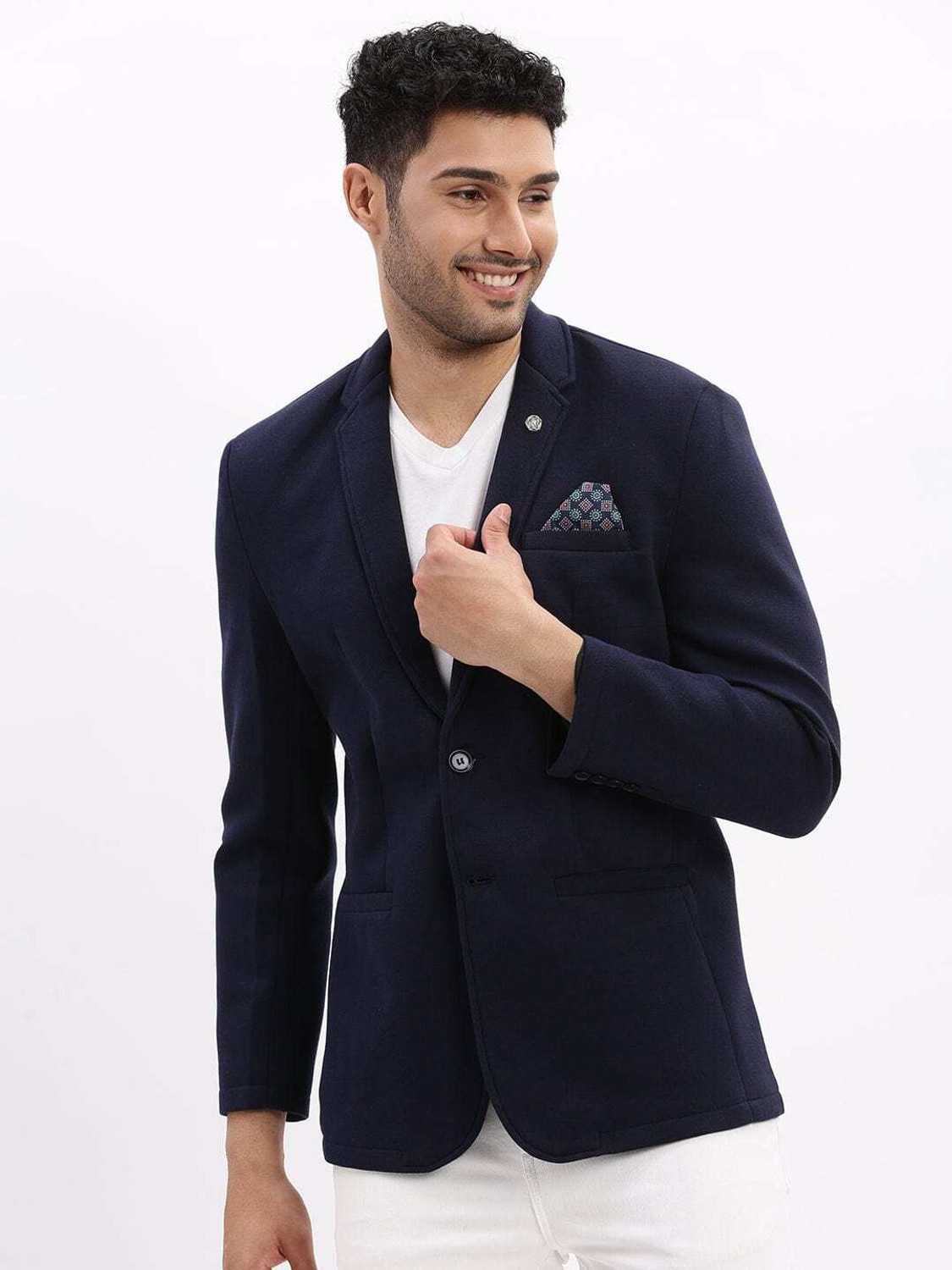 Image of RAJENDERANI Men Solid Single Breasted Formal Blazer (Dark Blue)