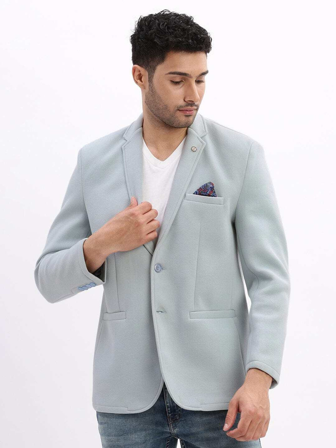 Image of RAJENDERANI Men Solid Single Breasted Formal Blazer (Dark Blue)