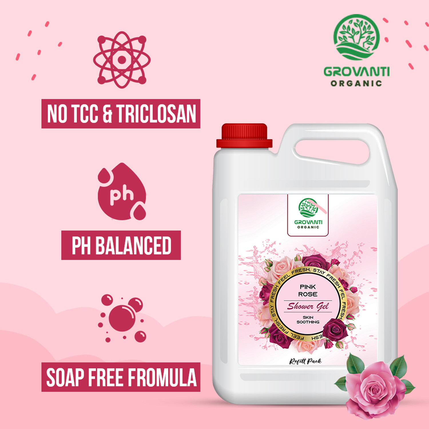 Image of GROVANTI ORGANIC Rose Body Wash with Glycerine For Soft Skin, Refill Pack - 5 Liter