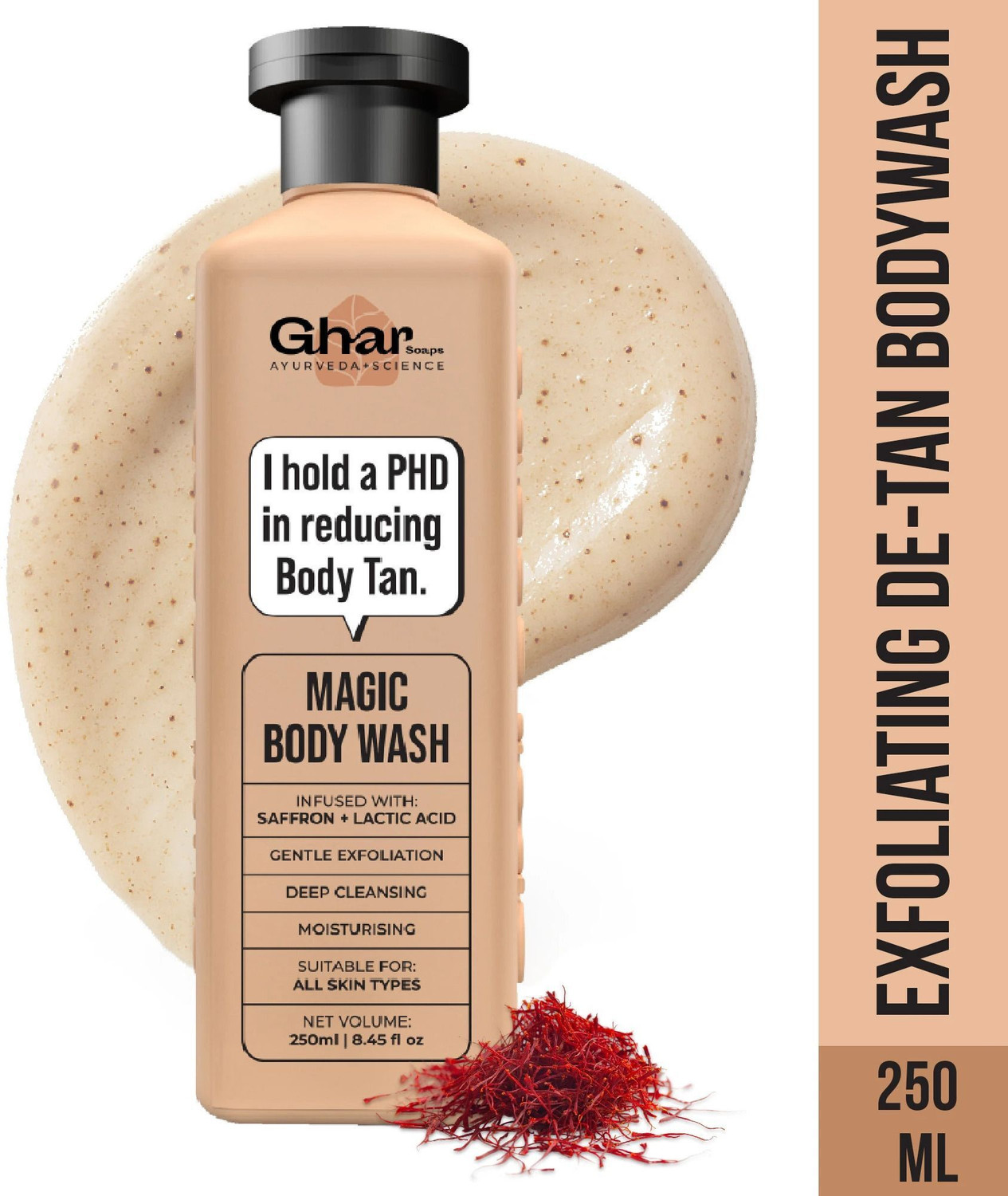 GHAR Magic De‑Tan & Exfoliating Body Wash 250ml – Saffron & Lactic Acid