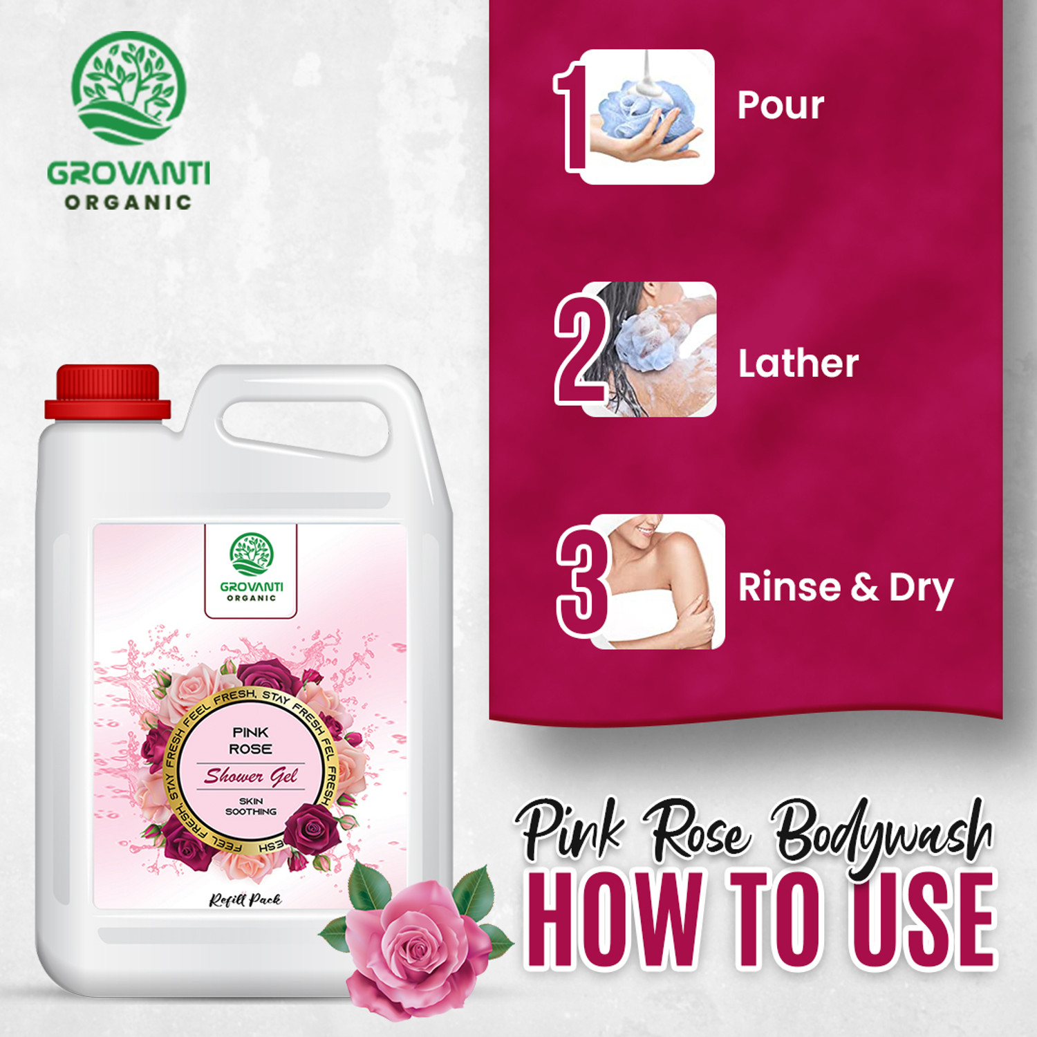 Image of GROVANTI ORGANIC Rose Body Wash with Glycerine For Soft Skin, Refill Pack - 5 Liter