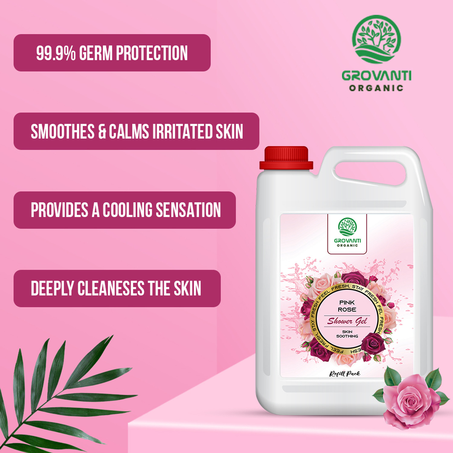 Image of GROVANTI ORGANIC Rose Body Wash with Glycerine For Soft Skin, Refill Pack - 5 Liter