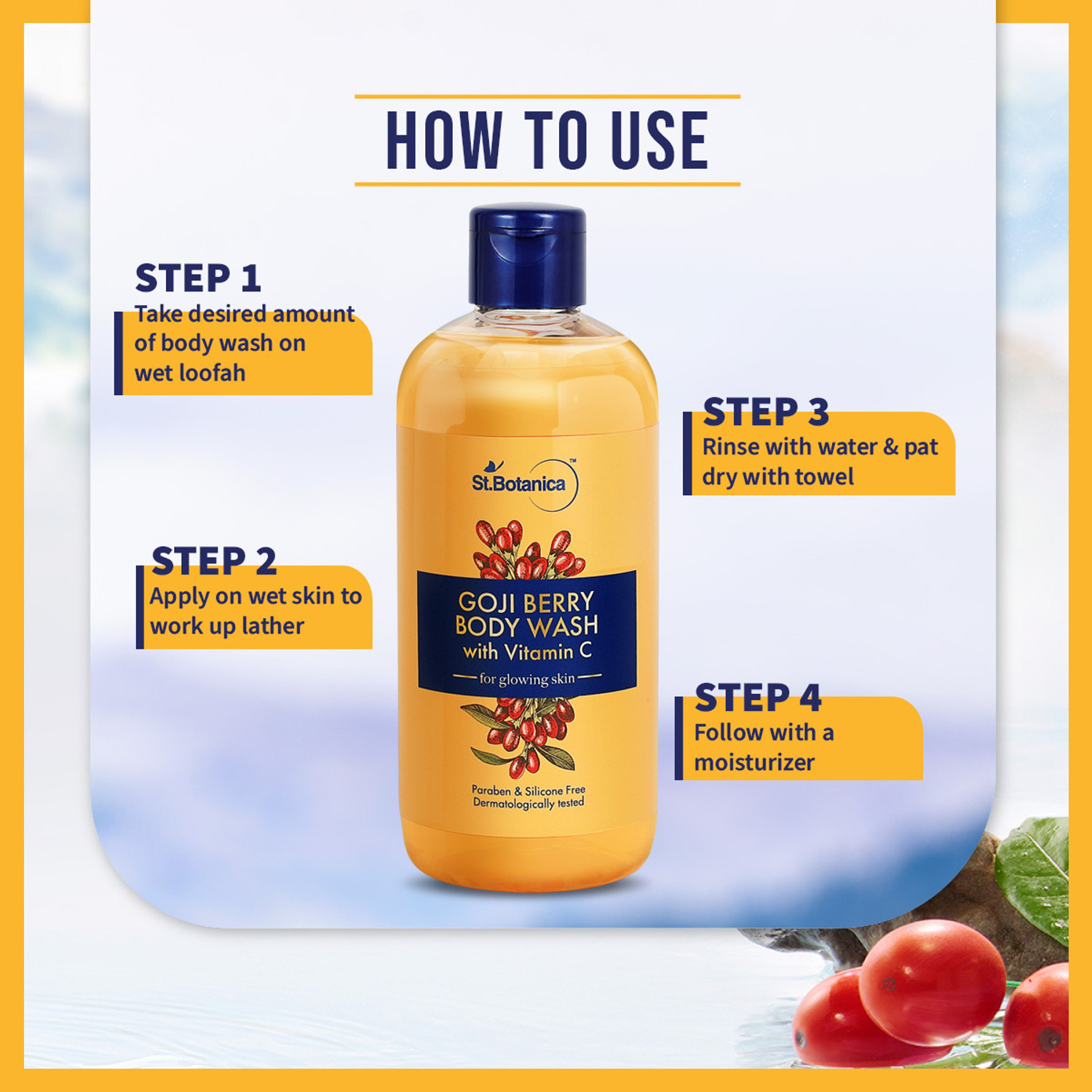 Image of St.Botanica Goji Berry Body Wash with Vitamin C for Glowing Skin, Dermatologically Tested (300 ml)