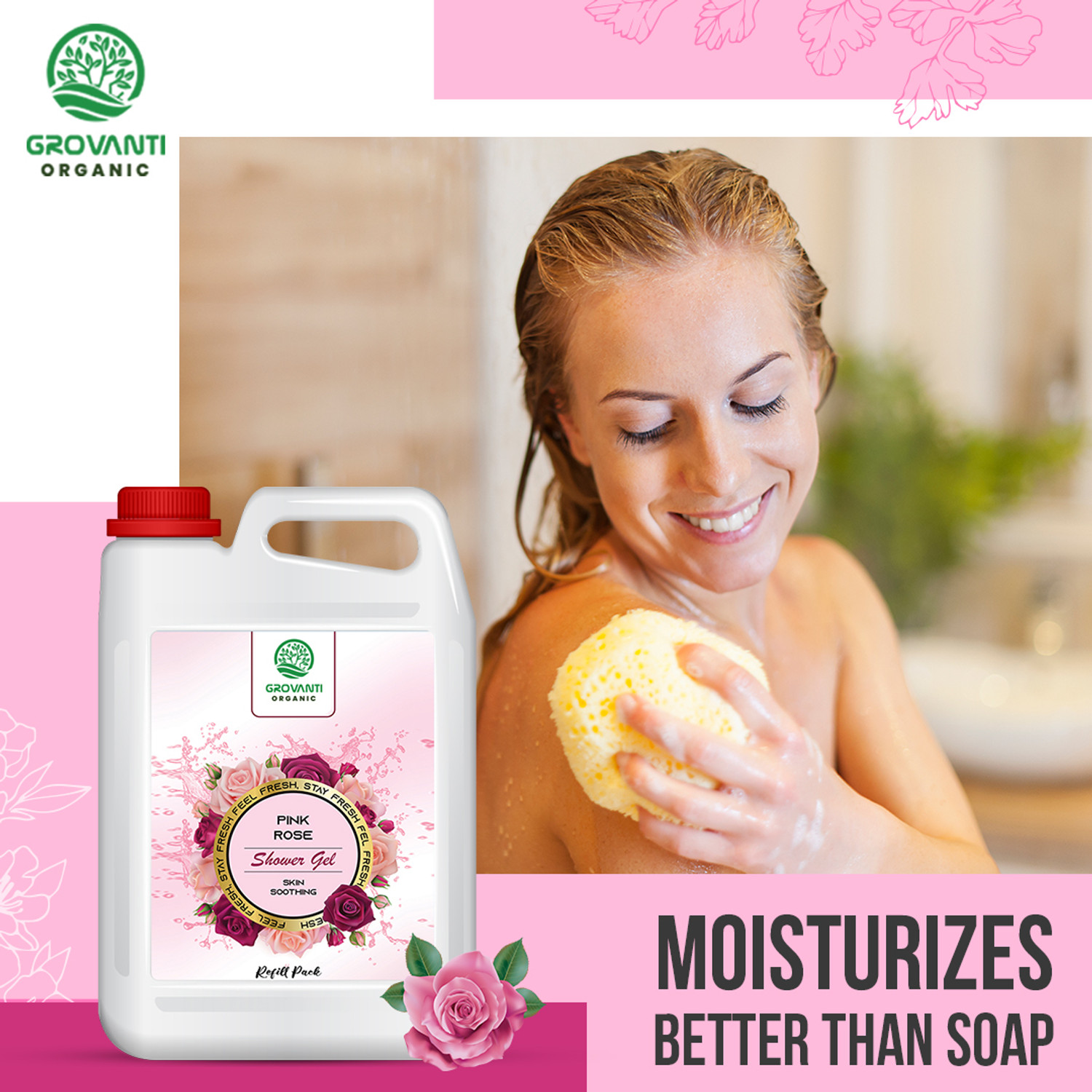 Image of GROVANTI ORGANIC Rose Body Wash with Glycerine For Soft Skin, Refill Pack - 5 Liter