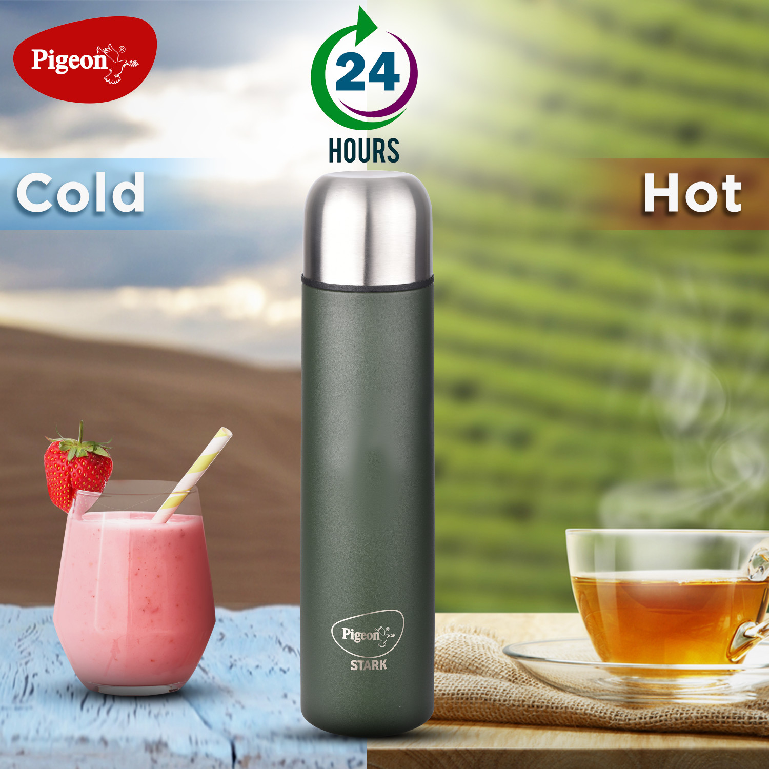 Image of Pigeon Stark Plus Olive 24 Hrs Hot & Cold Therminox Vaccum Insulated 1000 ml Steel Flask