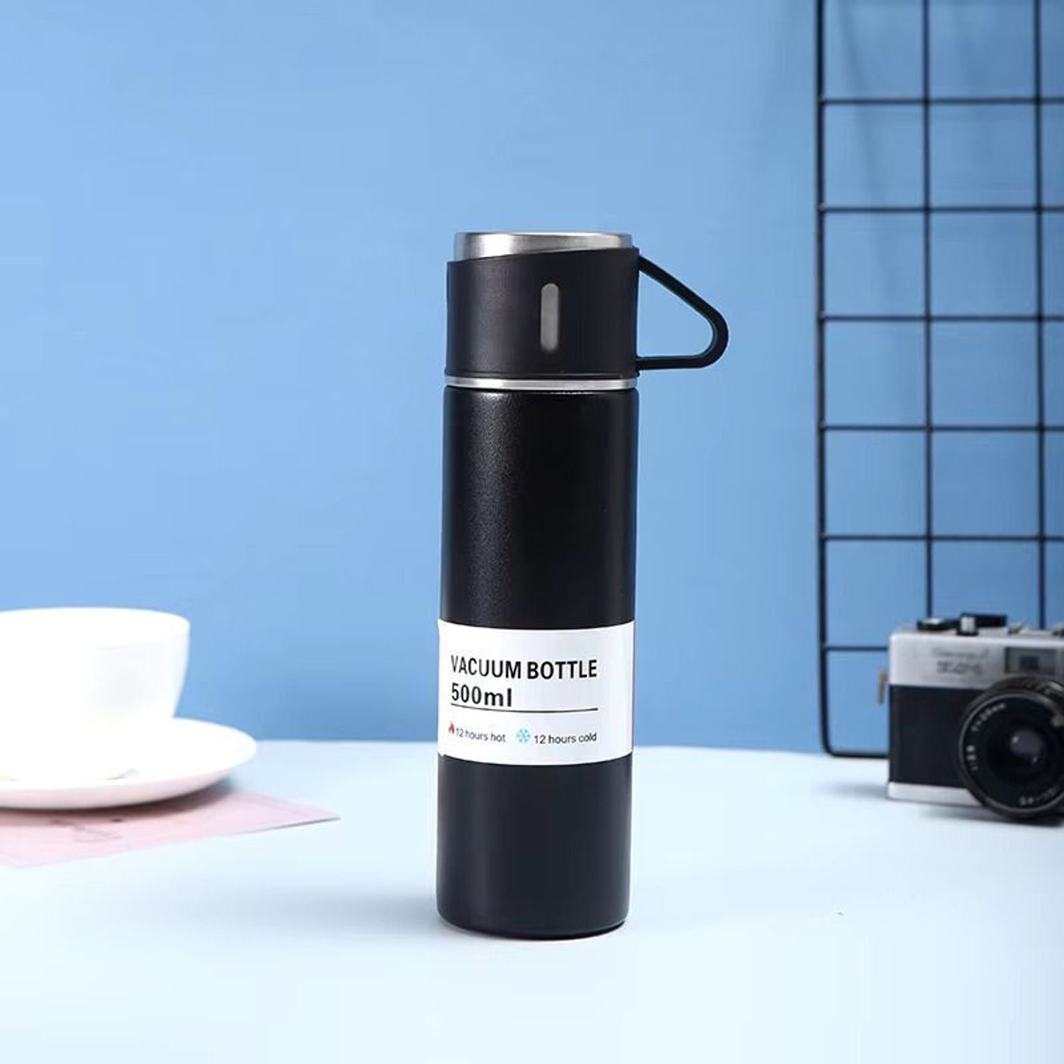 Image of Provo Stainless Steel Vacuum Flask Set with 3 Steel Cups 500 ml Steel Flask (Pack of 1, Black)