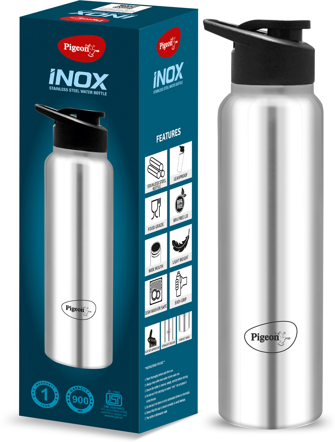 Pigeon Hydra 900ml Inox Bottle – Stainless, Leak‑Proof