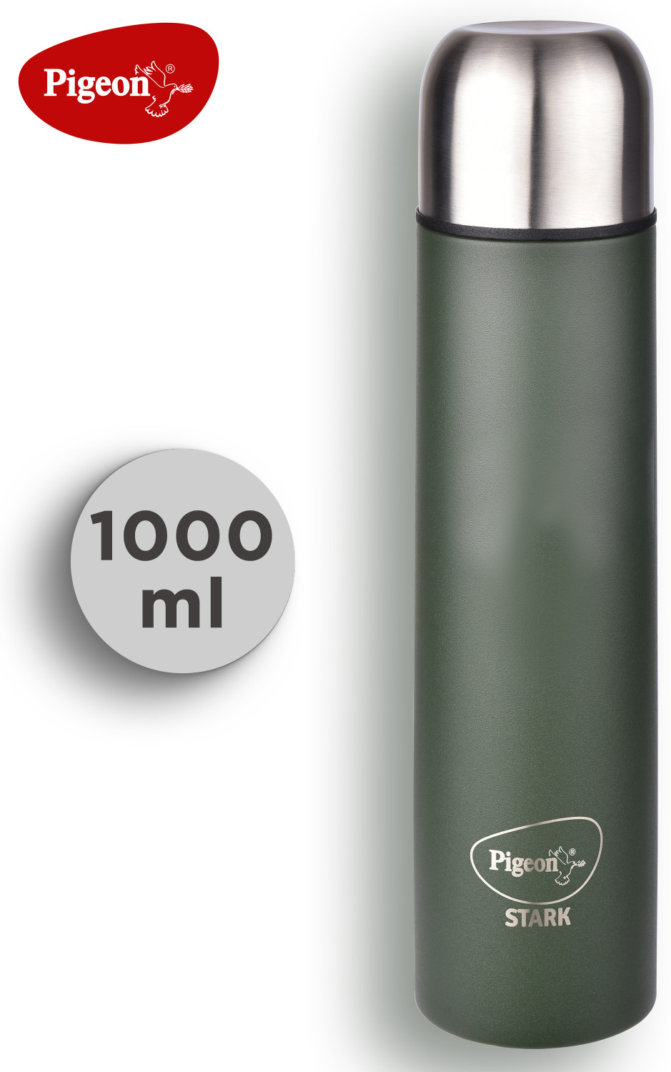 Image of Pigeon Stark Plus Olive 24 Hrs Hot & Cold Therminox Vaccum Insulated 1000 ml Steel Flask
