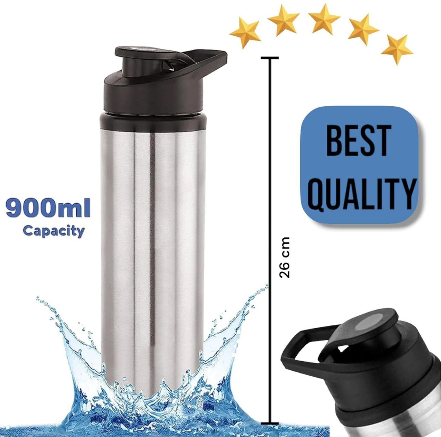 Image of ECOLEX Stainless Steel Sipper Water Bottle 900 ML Pack of 2 900 ml Stainless Steel Sipper (Pack of 2, Steel /Chrome)