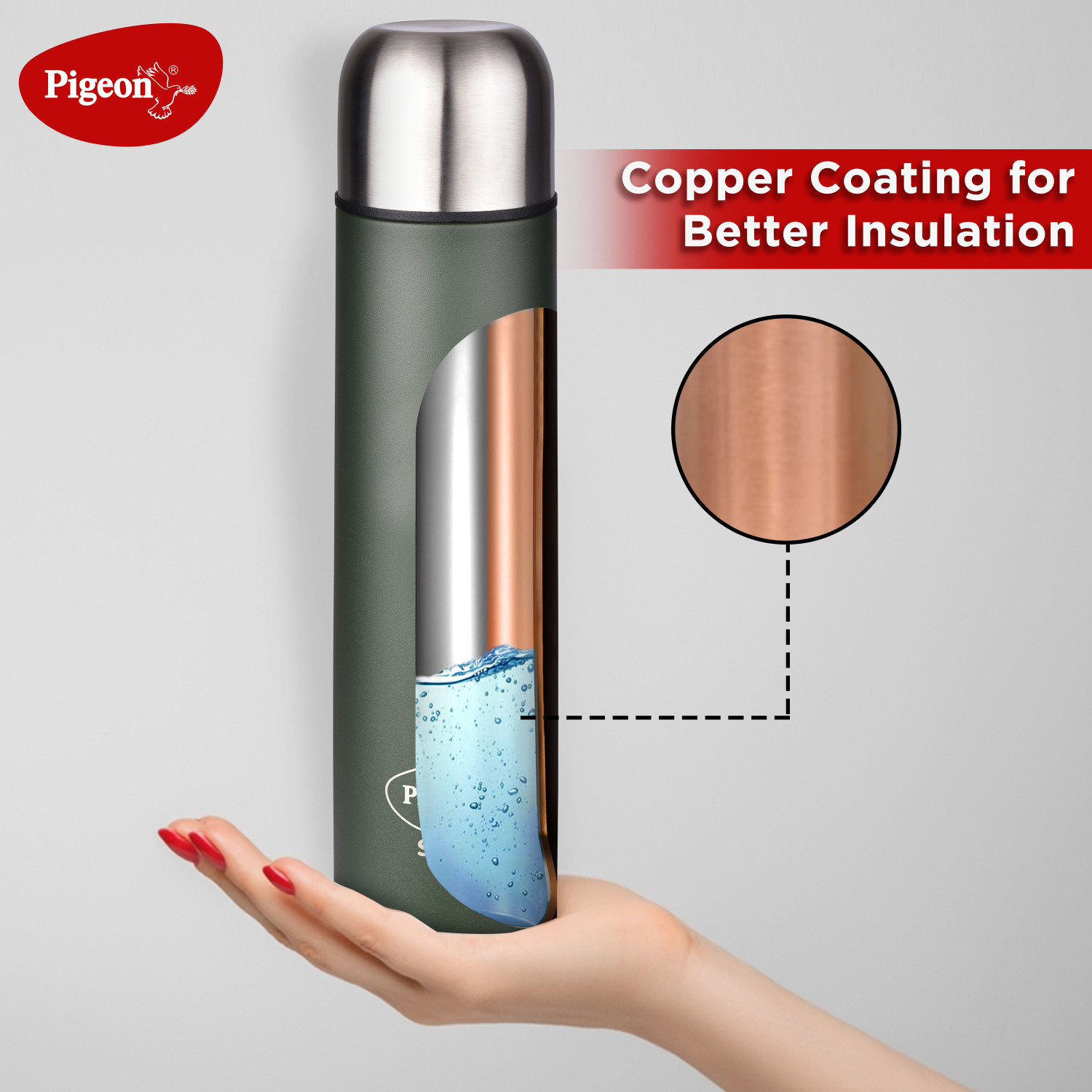 Image of Pigeon Stark Plus Olive 24 Hrs Hot & Cold Therminox Vaccum Insulated 1000 ml Steel Flask