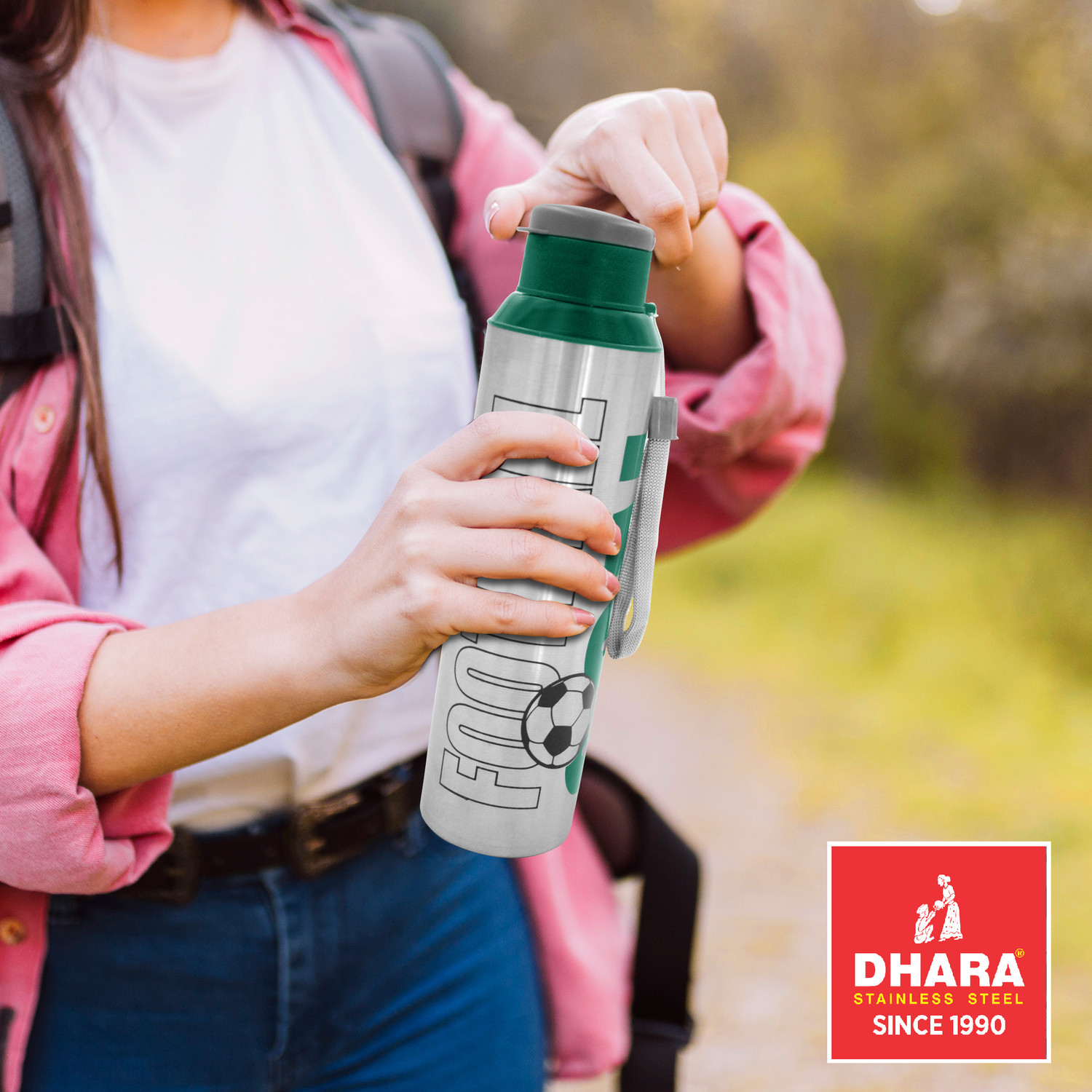 Image of Dhara Stainless Steel Single Wall Football 800 Leak Proof Airtight Flip Cap Water Bottle 800 ml Steel Bottle (Pack of 2, Green)