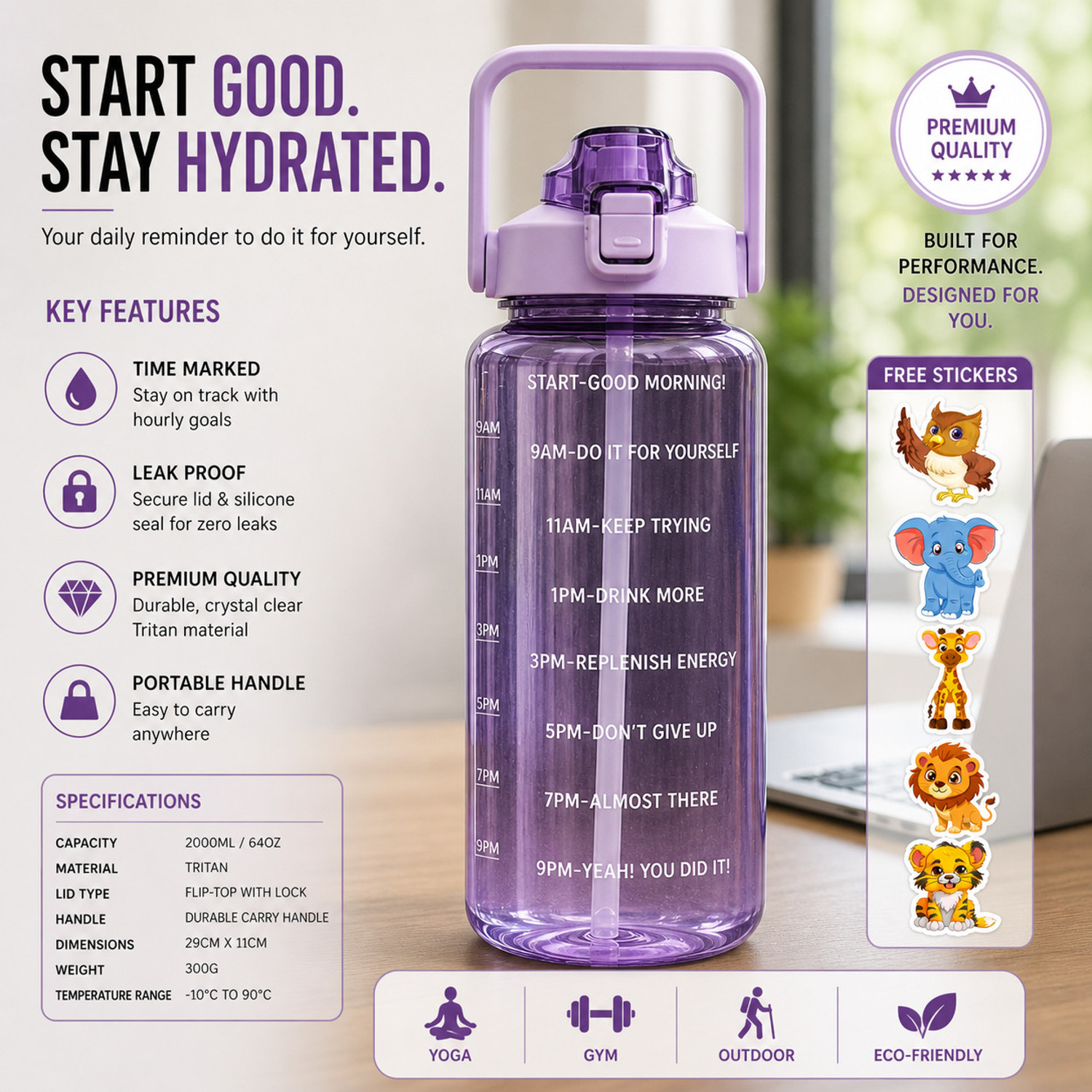 Cronus LargeCapacity Water Bottle Motivational trasparent travel bisycle 2000 ml Bottle 2000 ml Sipper