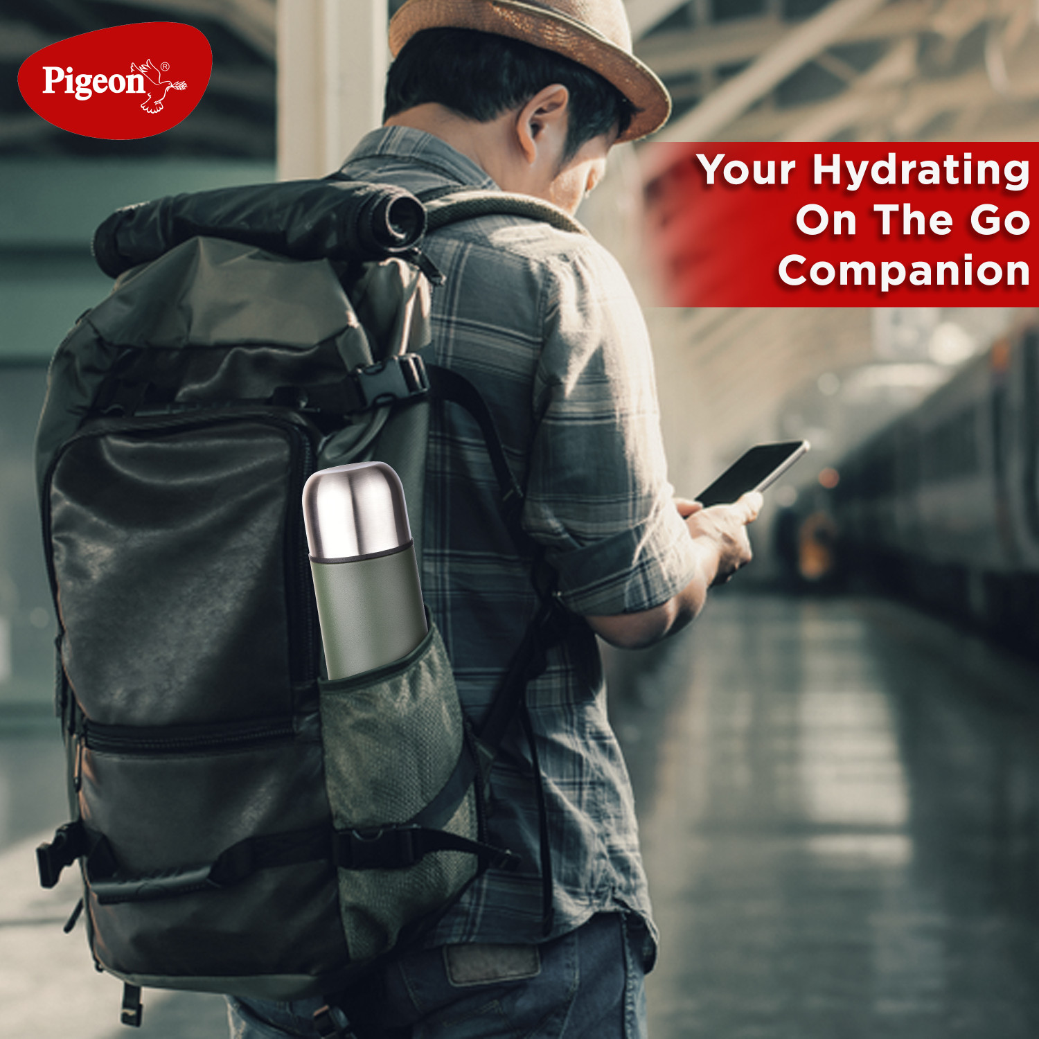 Image of Pigeon Stark Plus Olive 24 Hrs Hot & Cold Therminox Vaccum Insulated 1000 ml Steel Flask