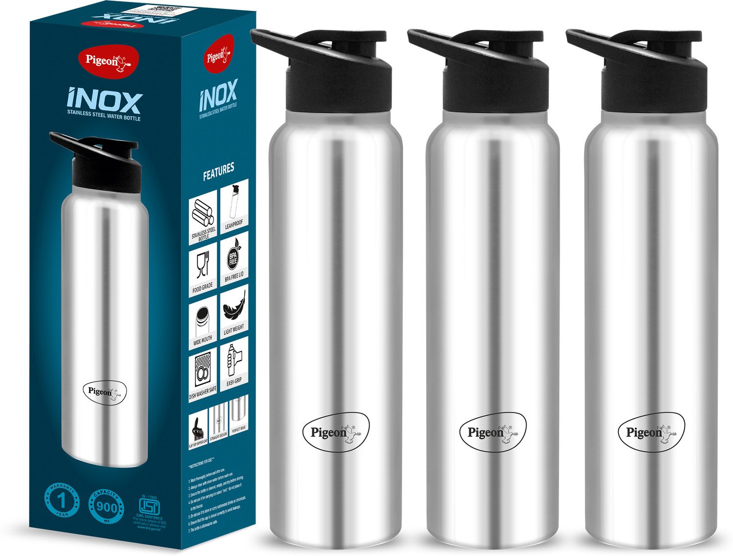 Pigeon Inox Hydra 900ml Bottle – Leak‑Proof Stainless Steel