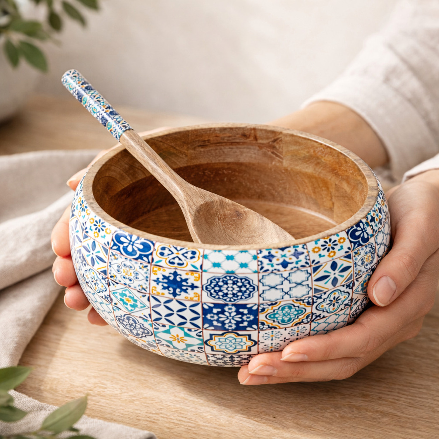 Image of amimashop Wooden Mixing Bowl Wooden Bowl with Spoon| Large Wooden Bowl | Big Size Bowl (Pack of 1, Blue)