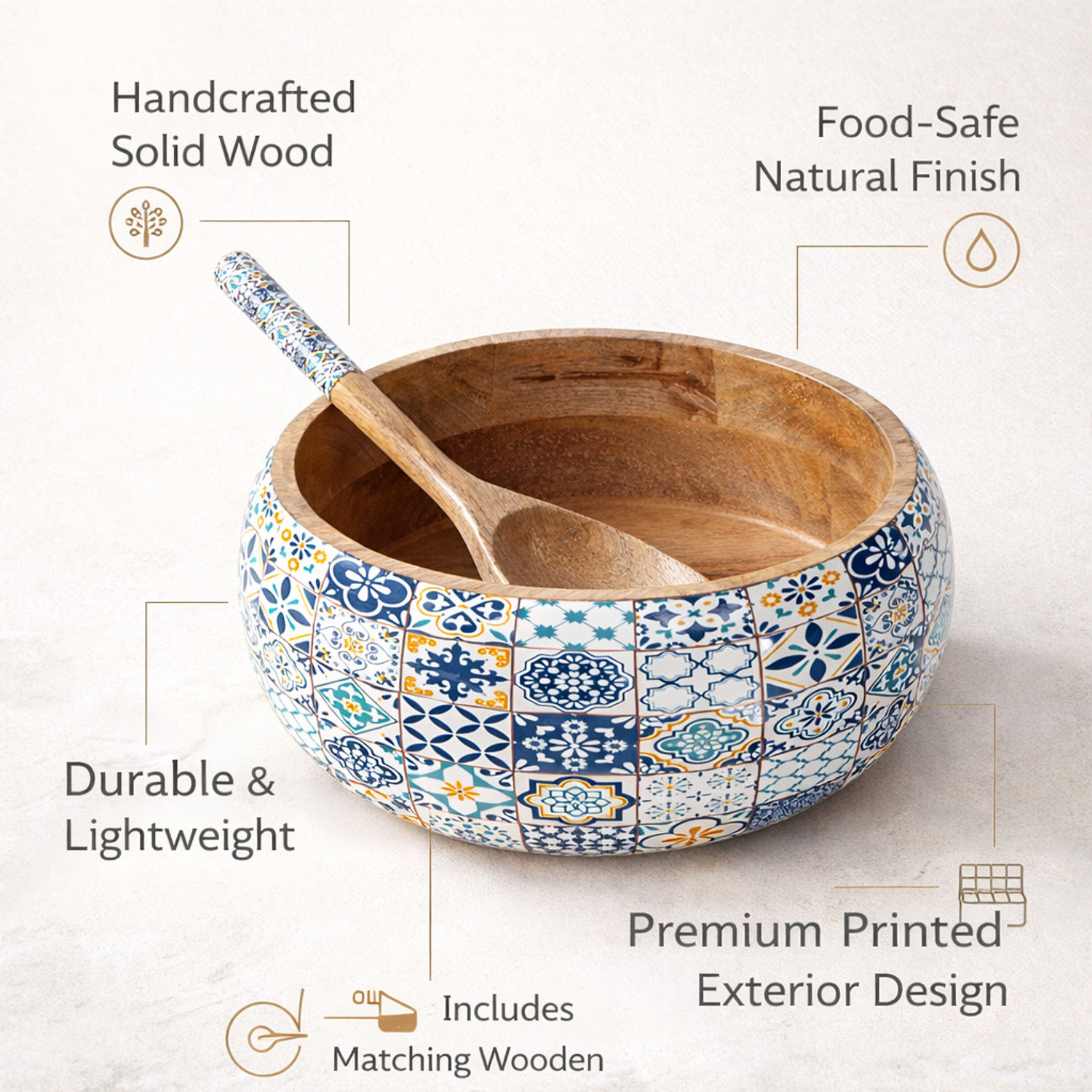Image of amimashop Wooden Mixing Bowl Wooden Bowl with Spoon| Large Wooden Bowl | Big Size Bowl (Pack of 1, Blue)