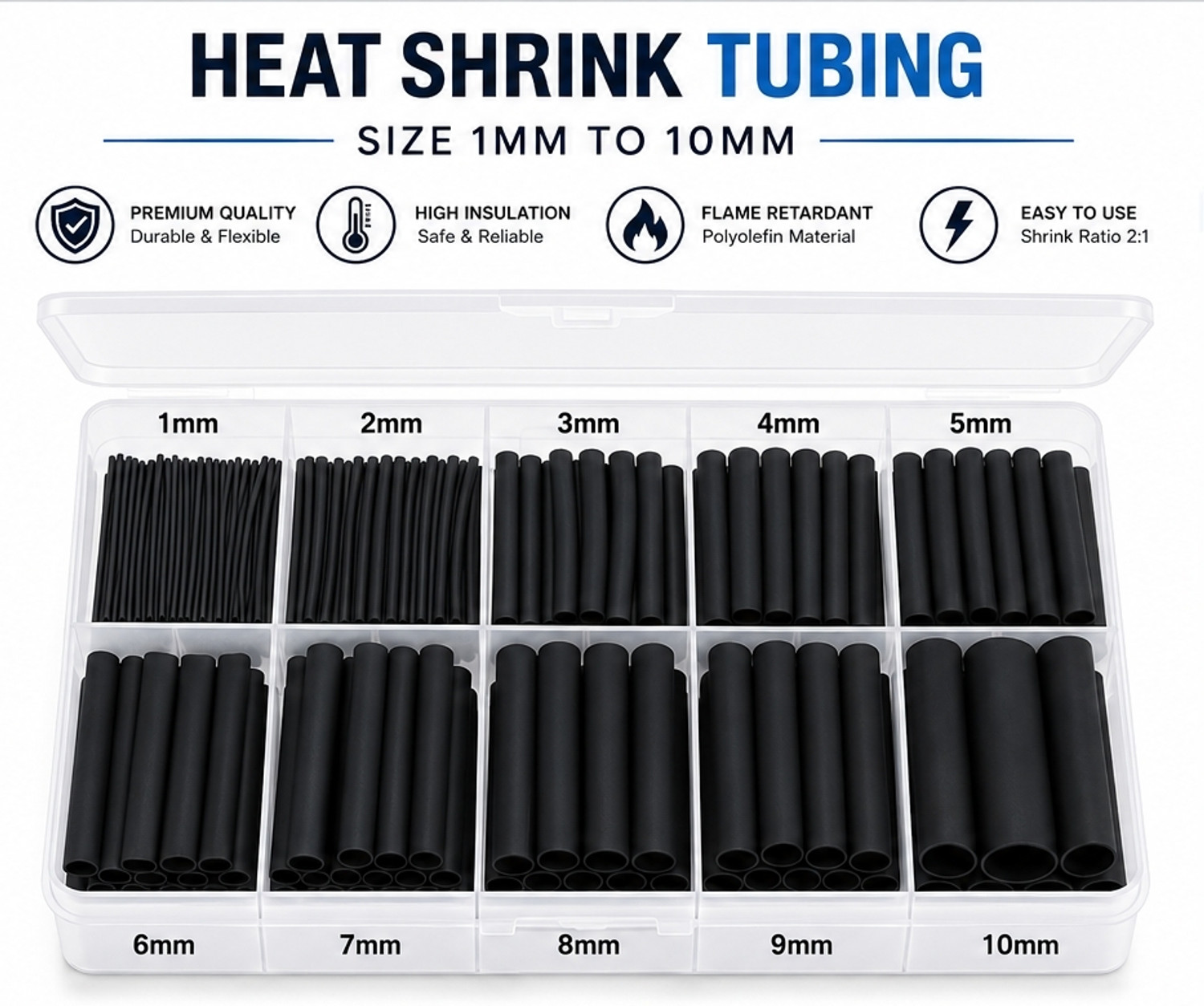 Image of RPI SHOP 80 Pcs Polyolefin Heat Shrink Tube, Insulated Wire Cable Sleeving Wrap, Multicolour, 7 Different Cut Size without Box Heat Shrink Cable Sleeve (10 mm)