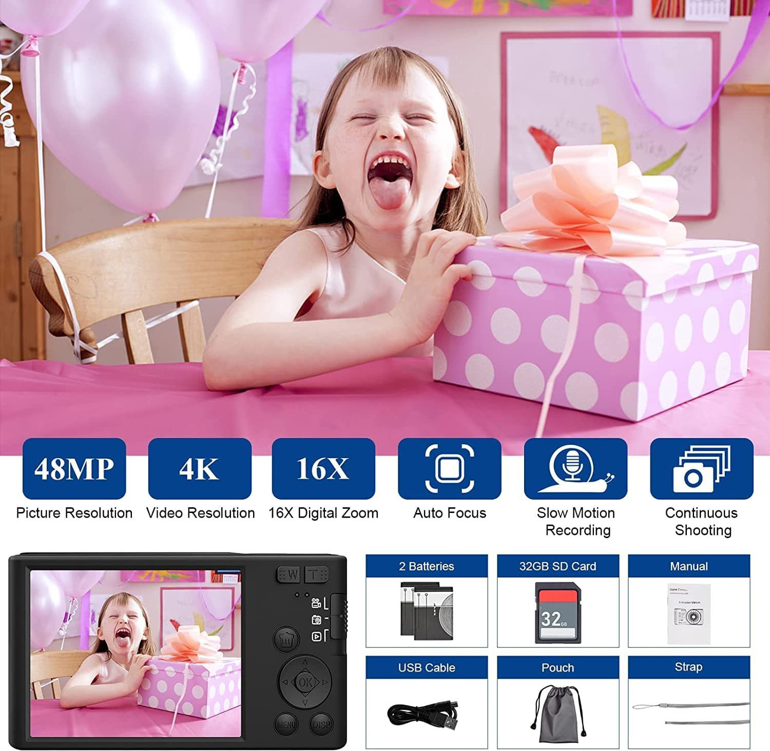 Image of LEQTRONIQ 4K Digital Camera 48 MP Camera with 16x Digital Zoom & Autofocus & 32GB SD Card Camcorder