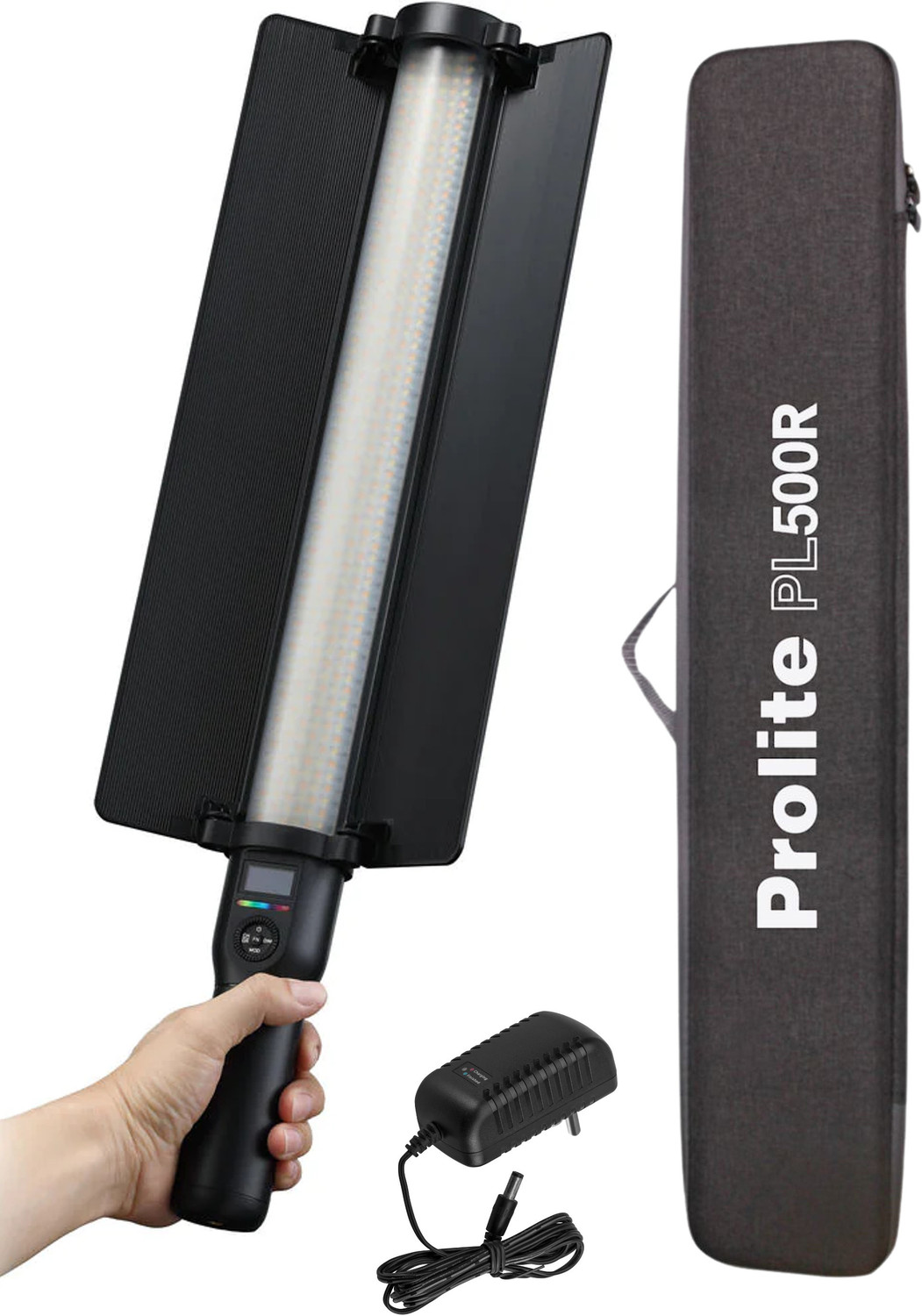 Prolite PL500R | Dual-Side Stick Lighting (CCT, HSI / RGB, 15 FX) & Reversible Barndoor 6000 lx Camera LED Light