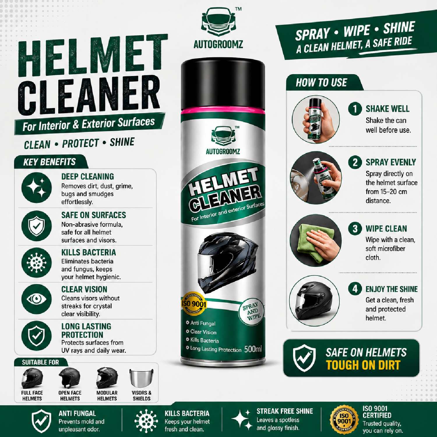 Image of Lett Originals Helmet Cleaner Foam | Removes Odour, Sweat & Germs | 120 ml LT02022 Vehicle Interior Cleaner (120 ml)