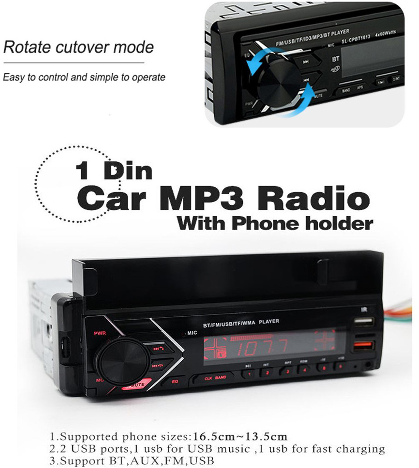 Image of MATIES Media Player With Phone Holder MP3 Player with BT /FM /USB /AUX For-Zen Estilo Car Stereo (Single Din)
