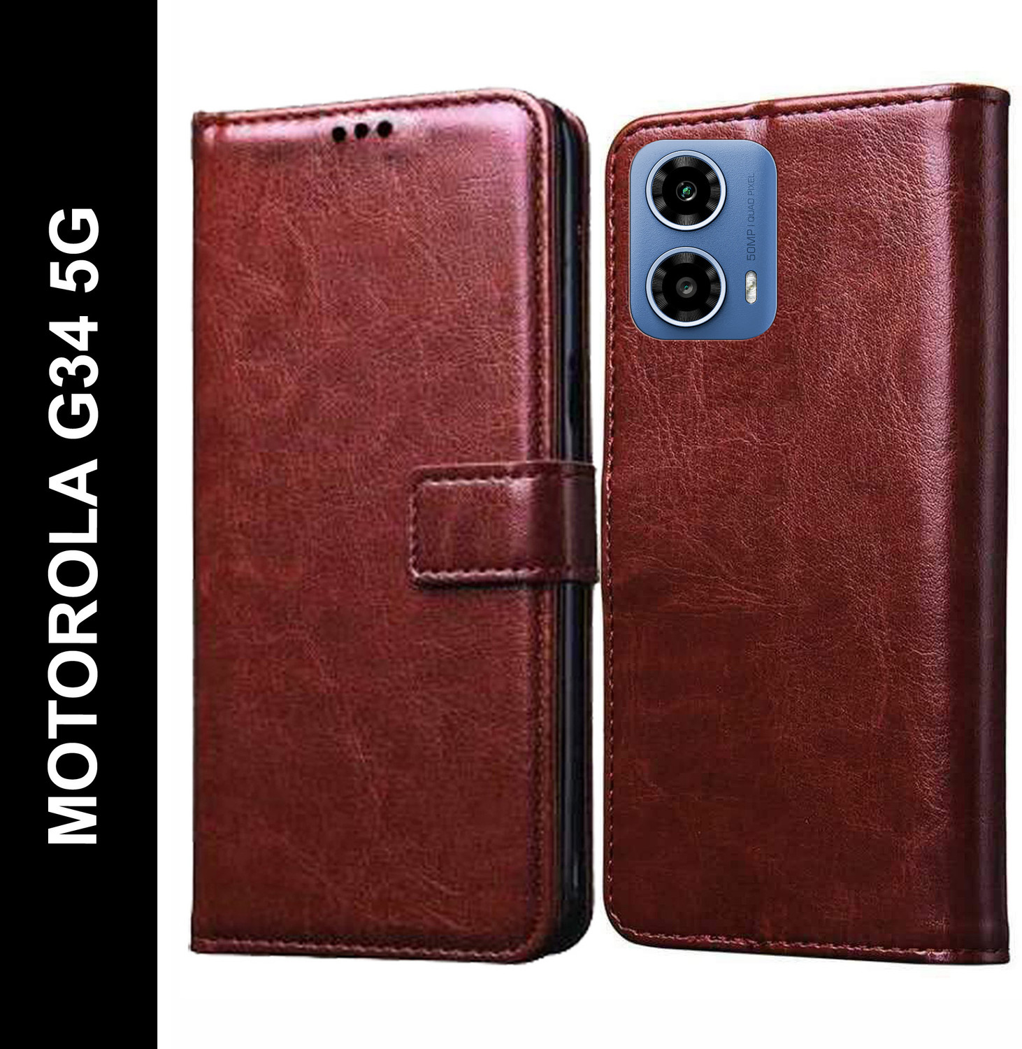 Image of SESS XUSIVE Flip Cover for Motorola Moto G34 5G -Dual-Color Leather Finish Wallet - Brown & Coffee (Multicolor, Dual Protection, Leather)