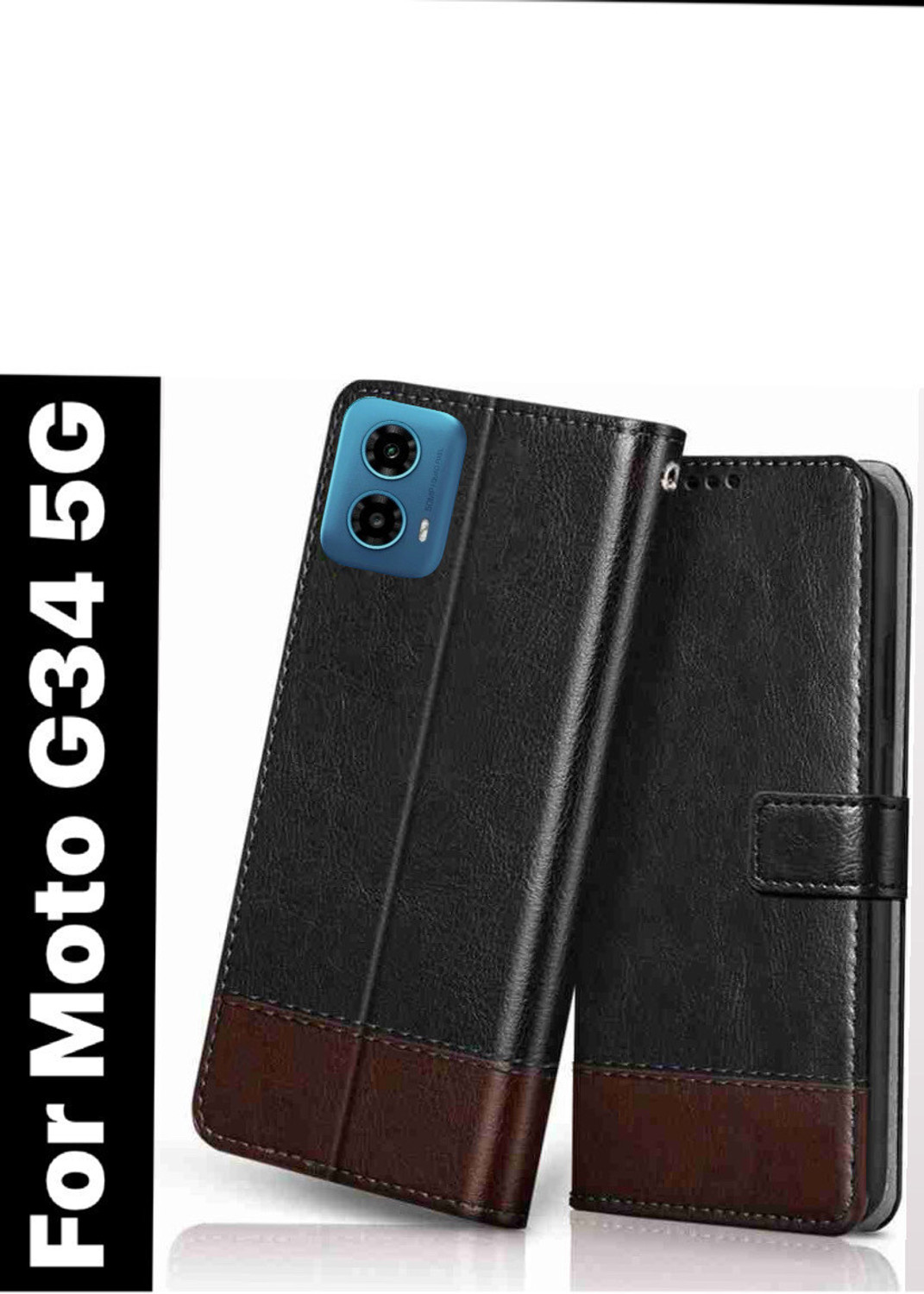 Image of SESS XUSIVE Flip Cover for Motorola Moto G34 5G -Dual-Color Leather Finish Wallet - Brown & Coffee (Multicolor, Dual Protection, Leather)