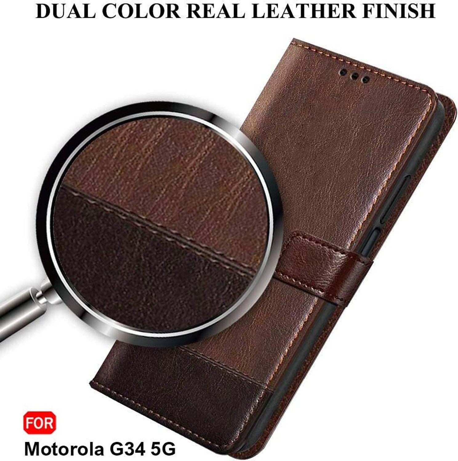 Image of SESS XUSIVE Flip Cover for Motorola Moto G34 5G -Dual-Color Leather Finish Wallet - Brown & Coffee (Multicolor, Dual Protection, Leather)