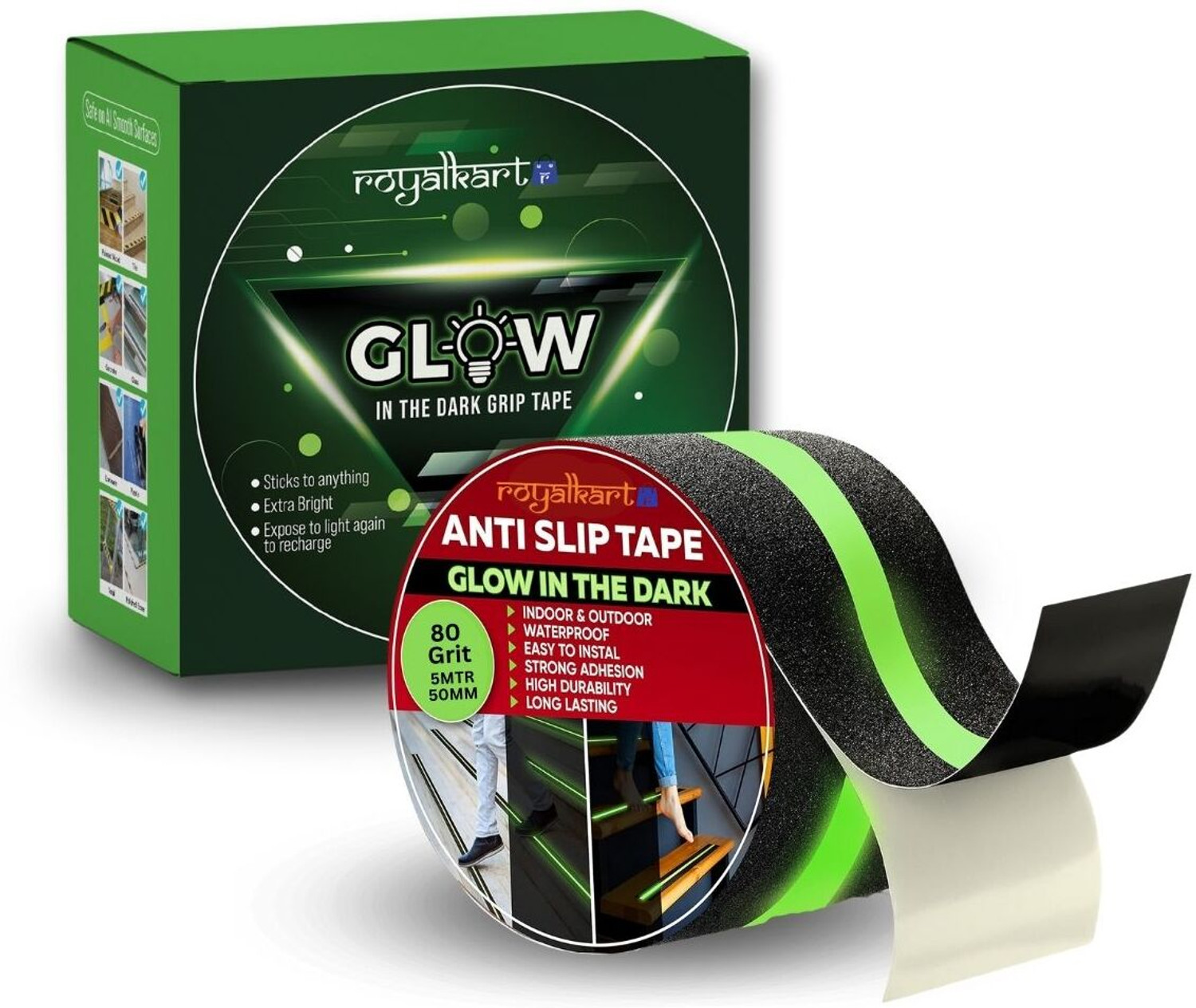 Royalkart HighPower Anti-slip tape Handheld Glow-in-Dark for Local Illumination - Anti Skid Improves Grip and Prevents Risk of Slippage on Stairs or Other Slippery Surfaces (50 mm x 5 meter, Radium-Black) (Manual)  (Set of 1, Black, Green)