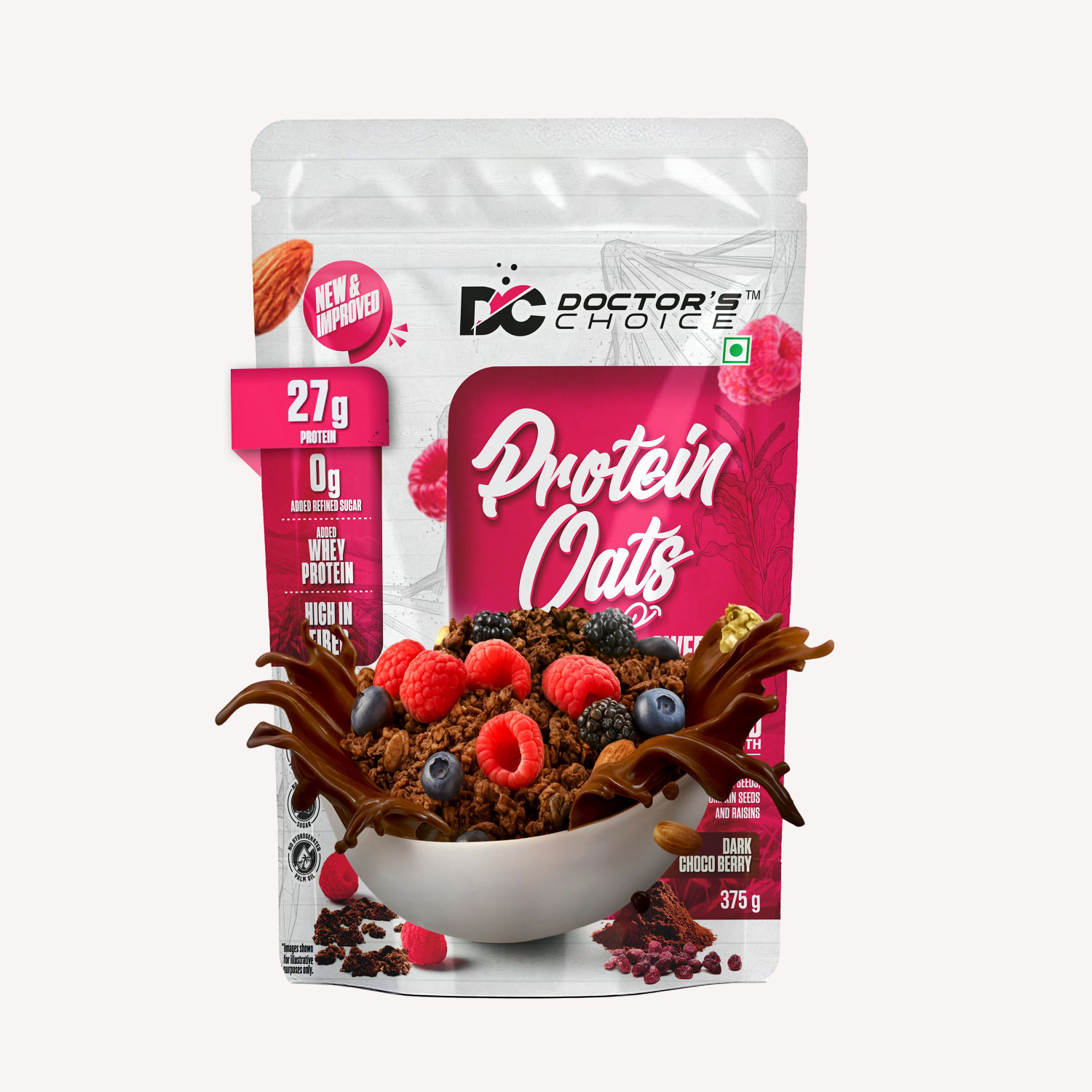 Image of DOCTOR'S CHOICE High Protein Oats 27g Jaggery No Additives & 0g Sugar Dark ChocoBerry+Strawberry Box (2 x 750 g)