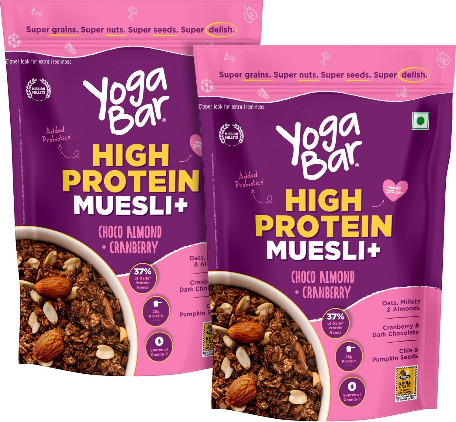 Yogabar High Protein Muesli | 21g Protein per serve | Choco Almond + C