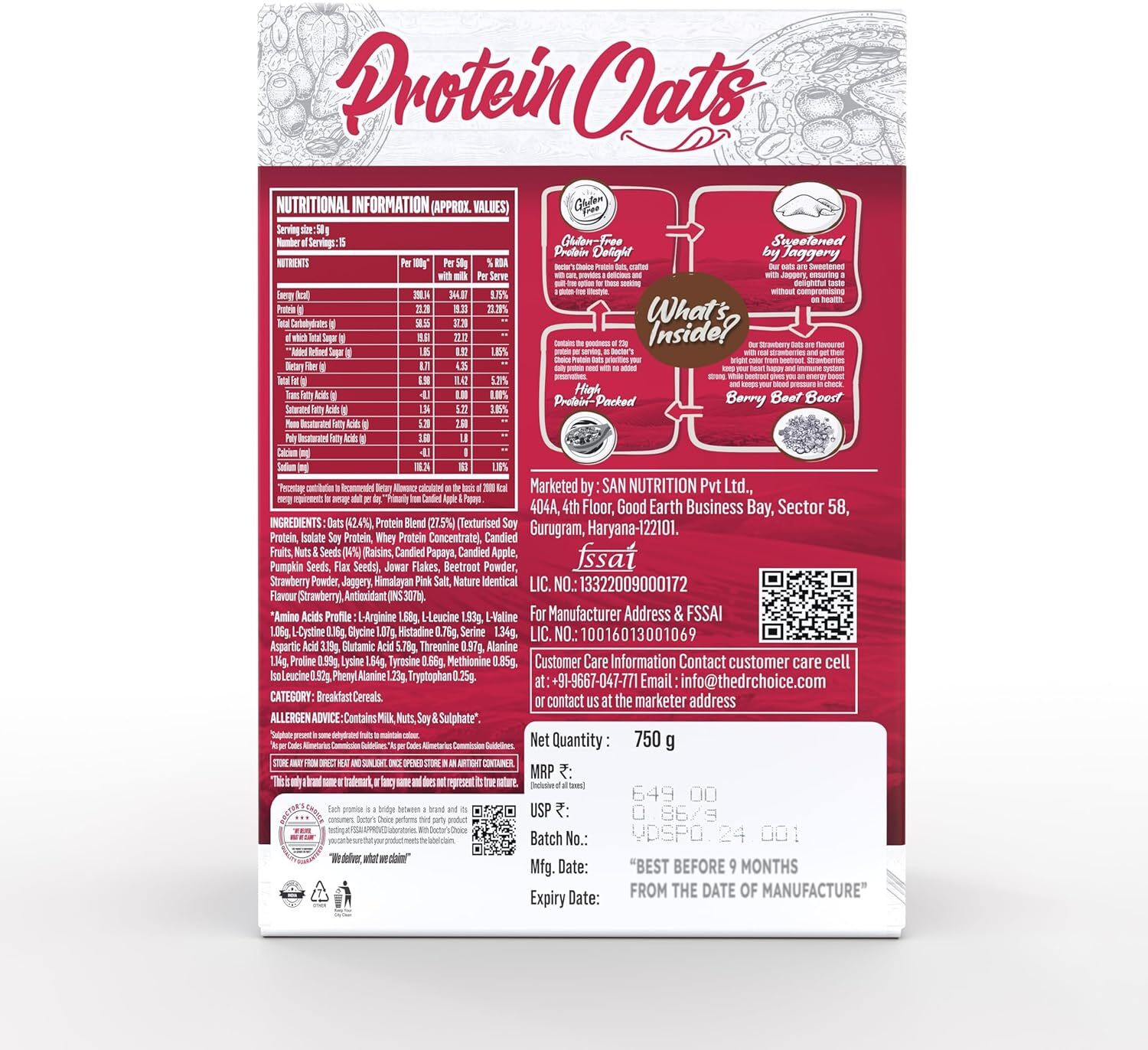 Image of DOCTOR'S CHOICE High Protein Oats 27g Jaggery No Additives & 0g Sugar Dark ChocoBerry+Strawberry Box (2 x 750 g)