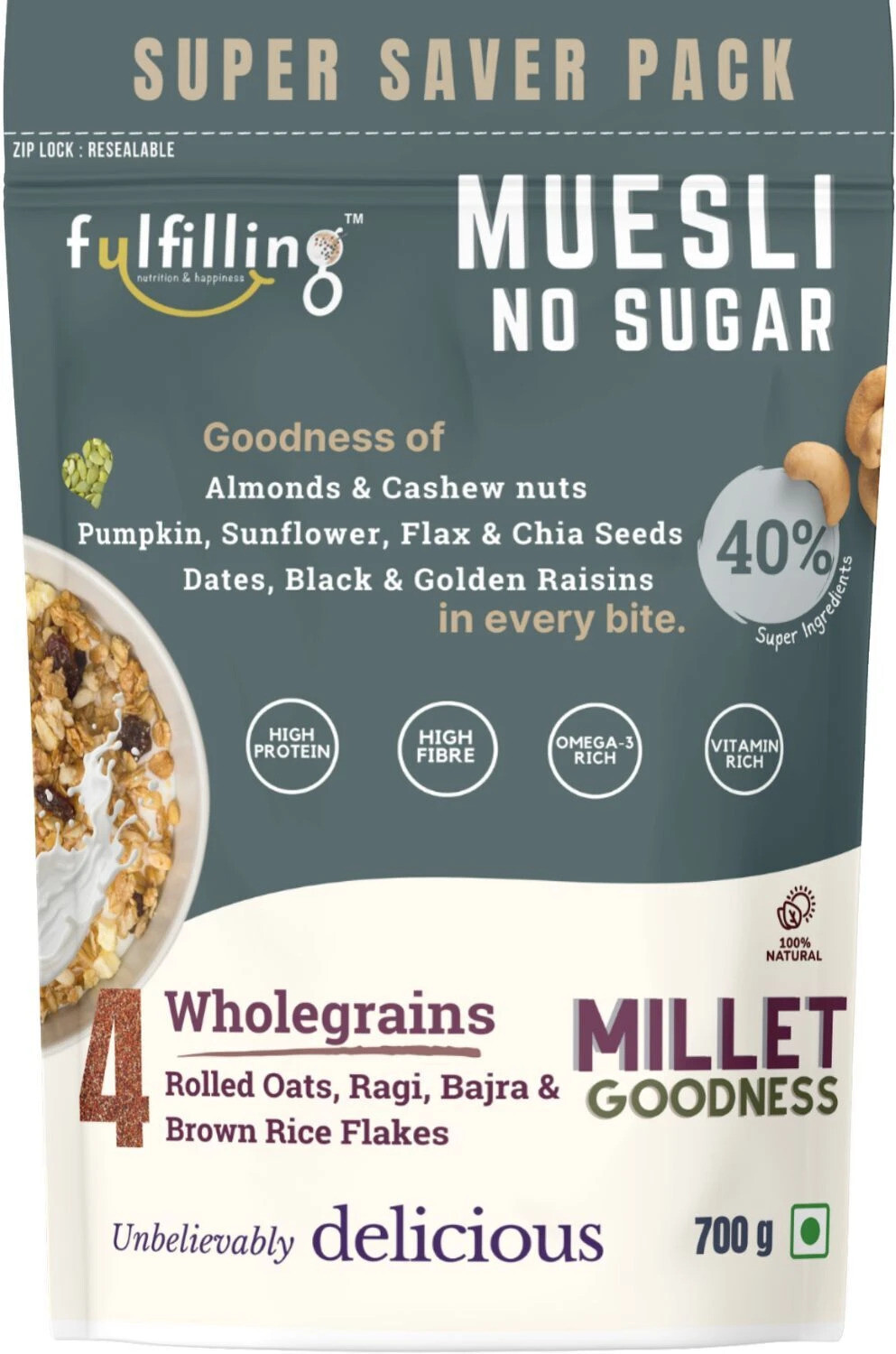 Image of fulfilling No Sugar Muesli 700g- Gluten free healthy breakfast- Seeds, Nuts and Dry fruits Pouch (700 g)