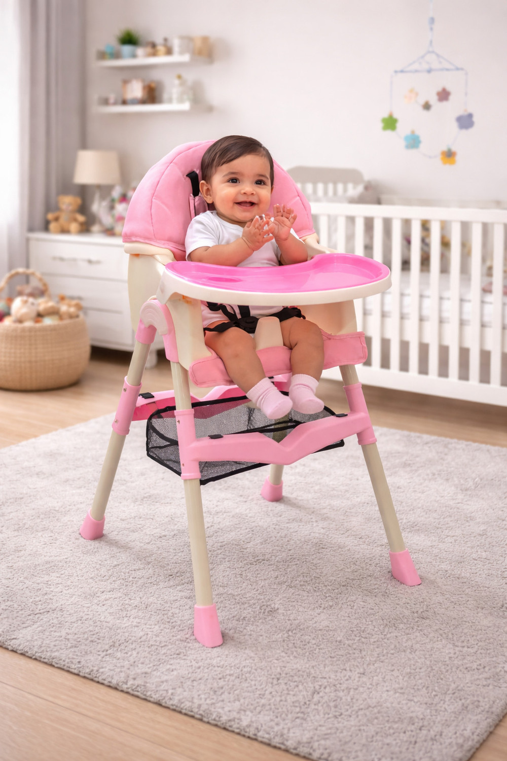 Image of DANDLES Baby Highchair with Soft Cushion and Protection Belt and Feeding Mealtime Tray (Pink)