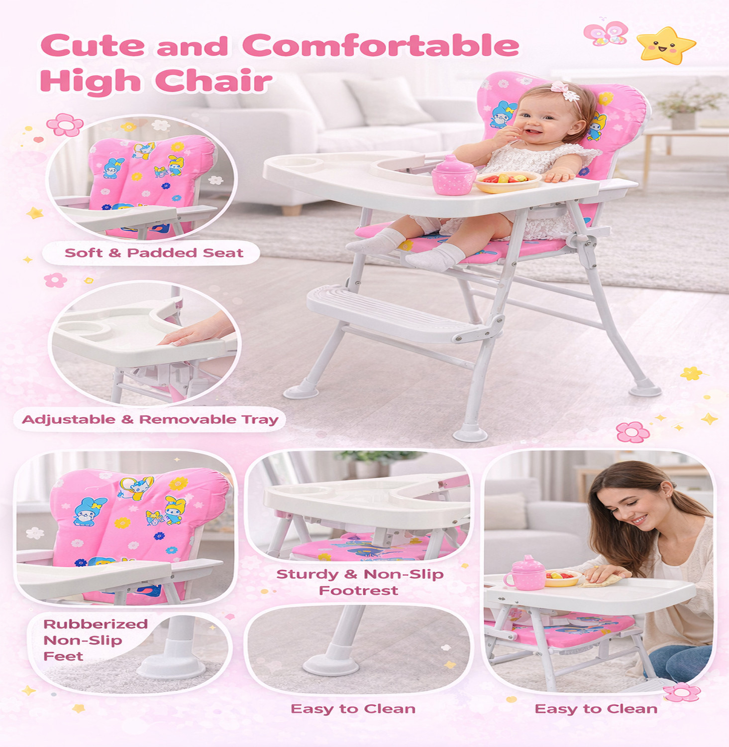 Image of DANDLES Baby Highchair with Soft Cushion and Protection Belt and Feeding Mealtime Tray (Pink)