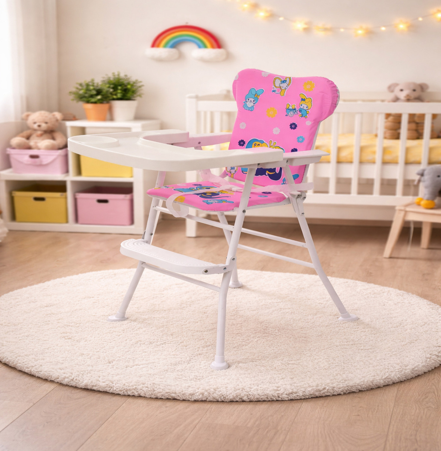 Image of DANDLES Baby Highchair with Soft Cushion and Protection Belt and Feeding Mealtime Tray (Pink)