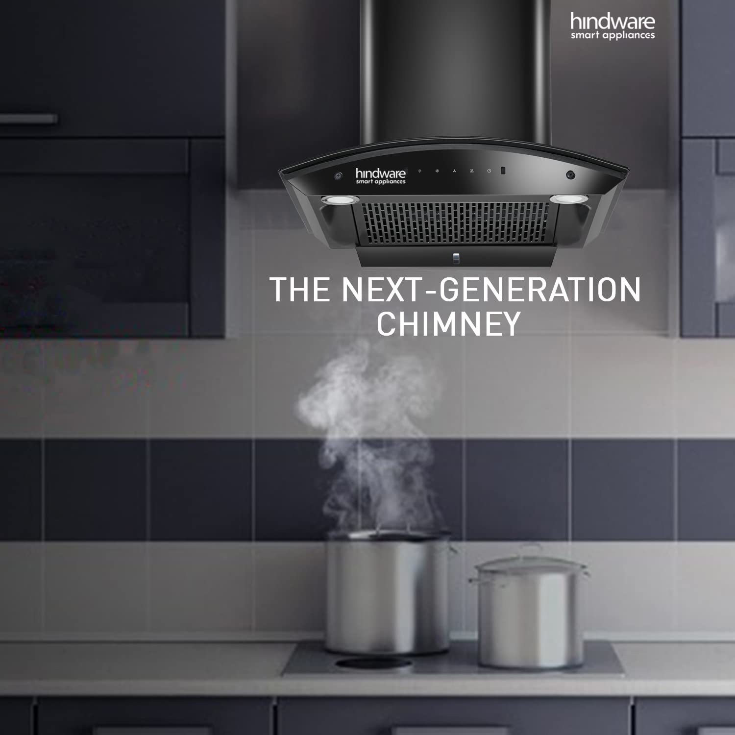Image of Hindware Chromia 60 Cm Chimney 1200 M3 /Hr Filter-less Touch Control + Free orient iron Auto Clean Wall Mounted BLACK 1200 CMH Chimney