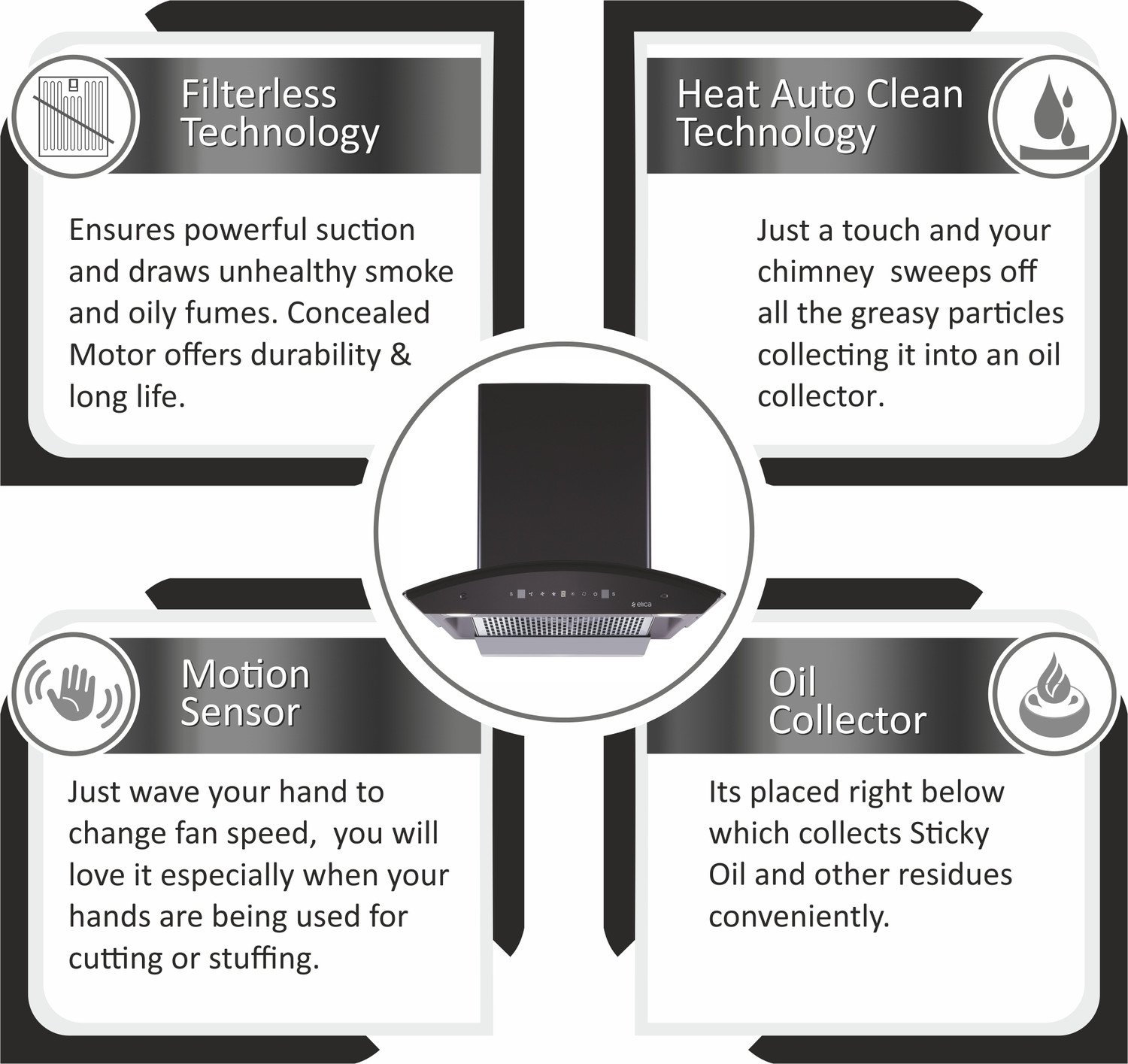 Image of Elica WDFL 608 HAC MS NERO Auto Clean Wall Mounted Black 1350 CMH Chimney