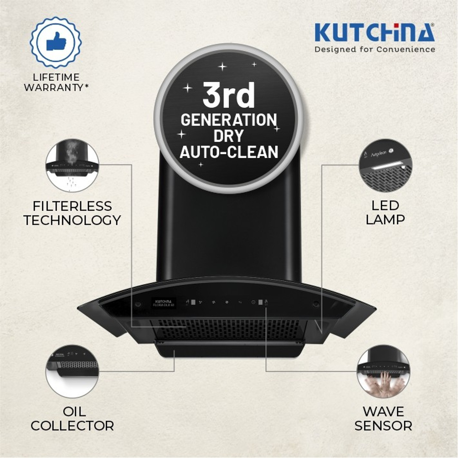 Image of Kutchina Flora Dlx 60 Auto Clean Wall Mounted NA 1200 CMH Chimney