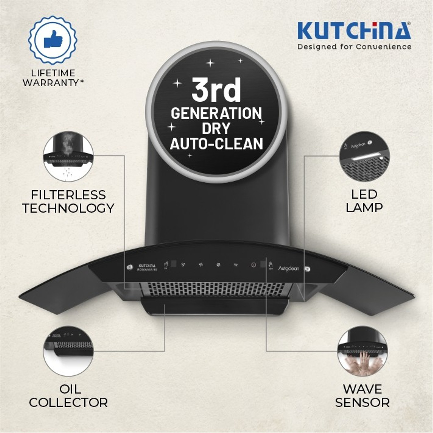 Image of Kutchina ROMANIA 90 Auto Clean Wall Mounted Black 1300 CMH Chimney